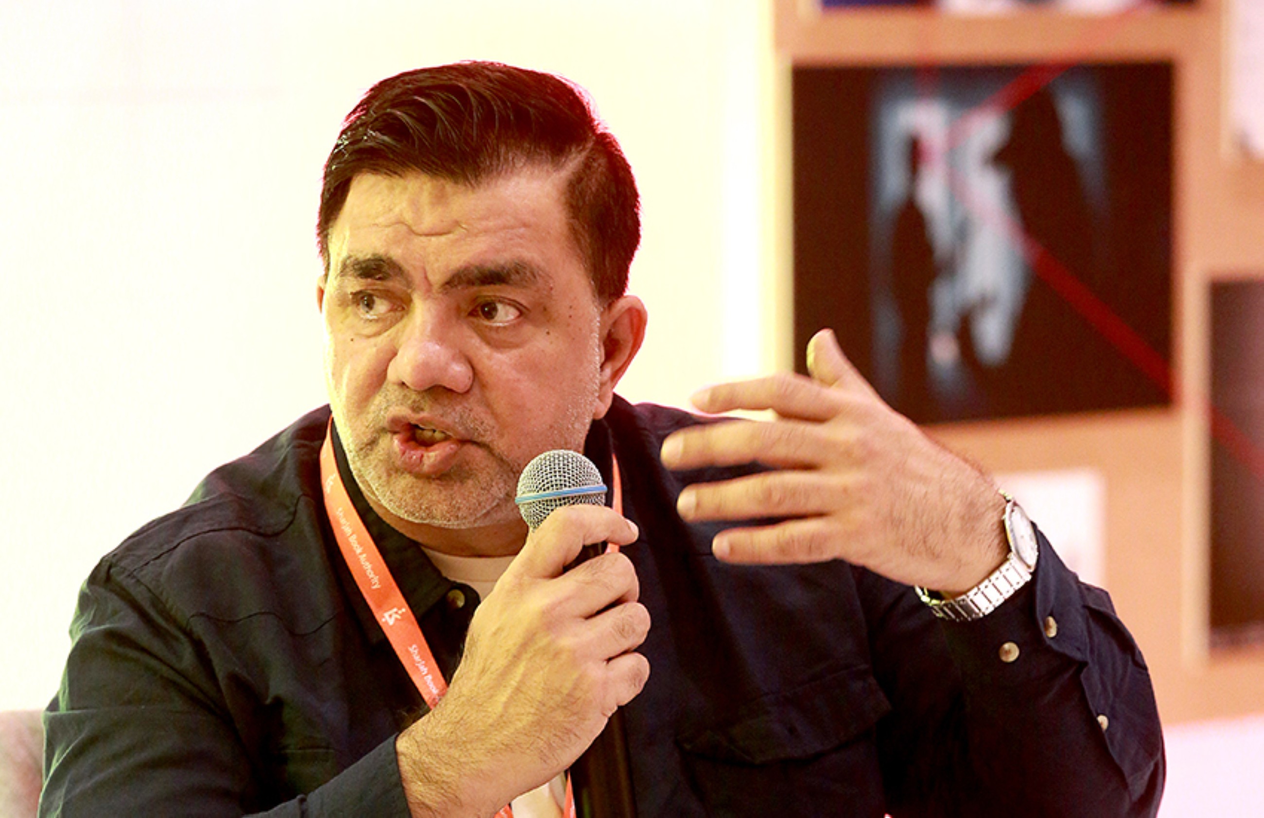 Hussain Zaidi speaks to the media at Sharjah International Book Fair.