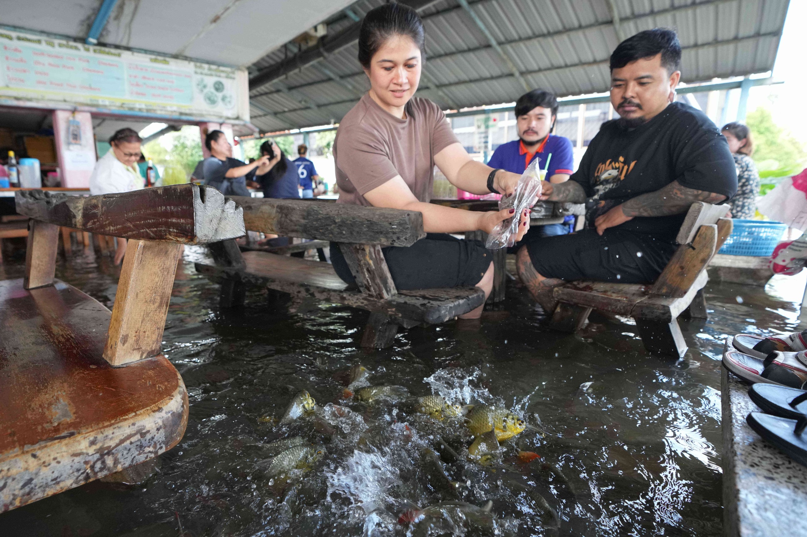 &lsquo;Flooded restaurant&rsquo; brings delight with swimming fish among diners