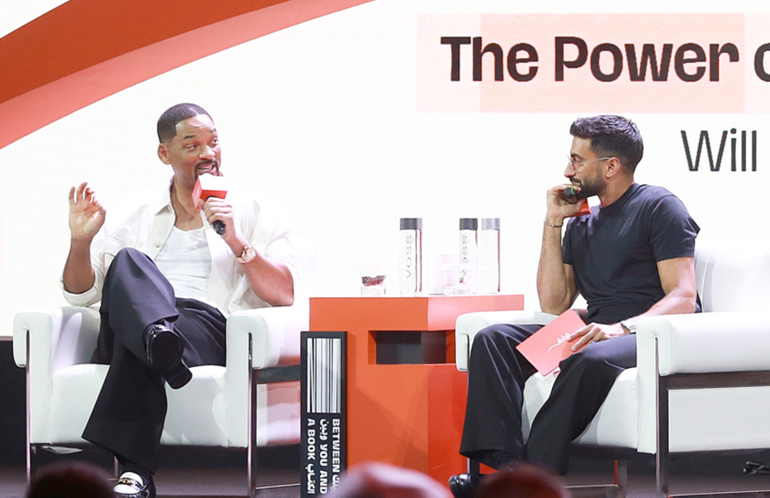 Will Smith talks to Anas Bukhash during a session at Sharjah International Book Fair at the Expo Centre in Sharjah.