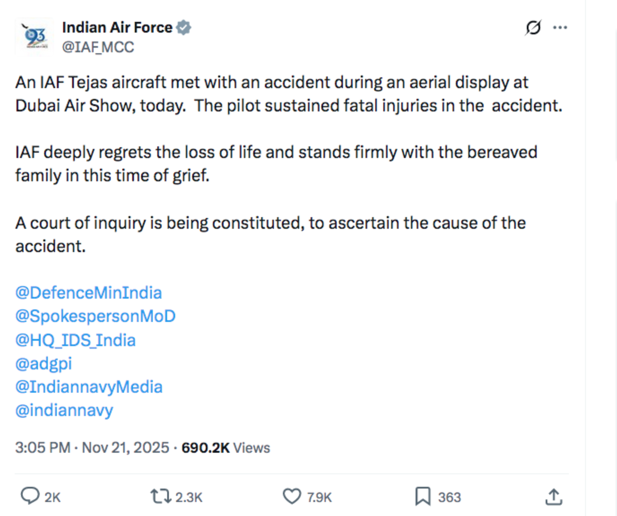 Tejas crashes at Dubai Airshow: Indian Air Force regrets 'loss of life'