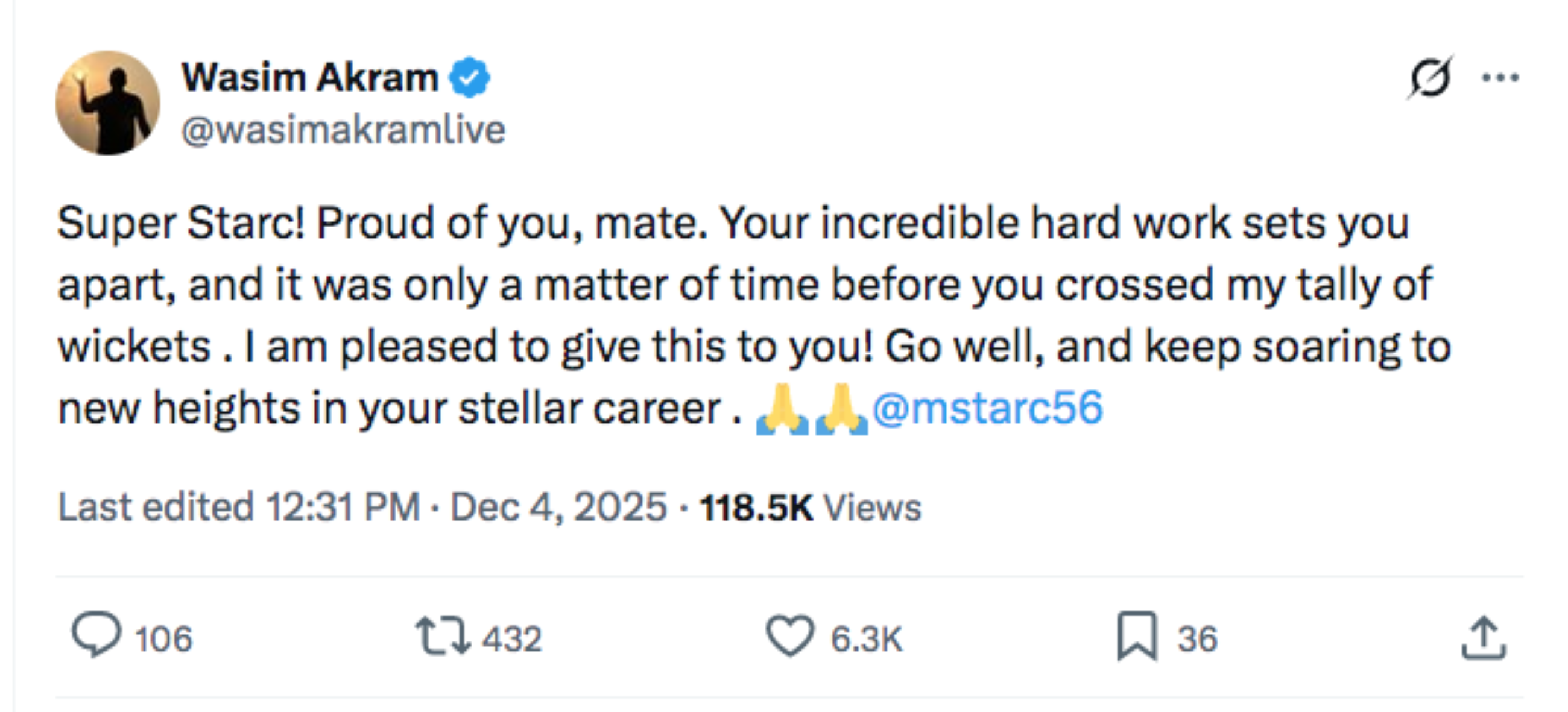 Pakistan legend Akram hails 'incredible' Starc after Ashes heroics