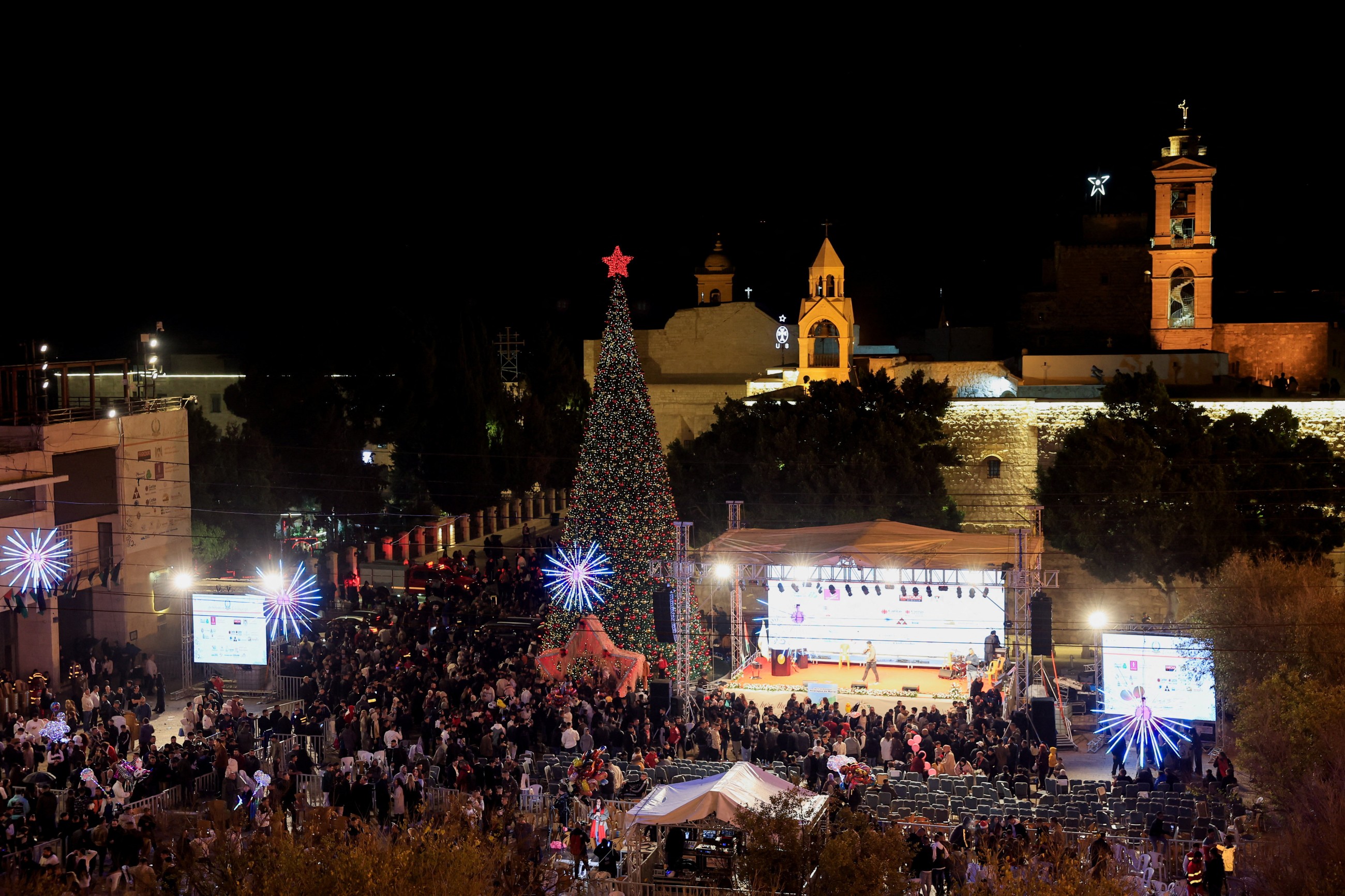 Bethlehem Christmas tree lit up for first time since Gaza war