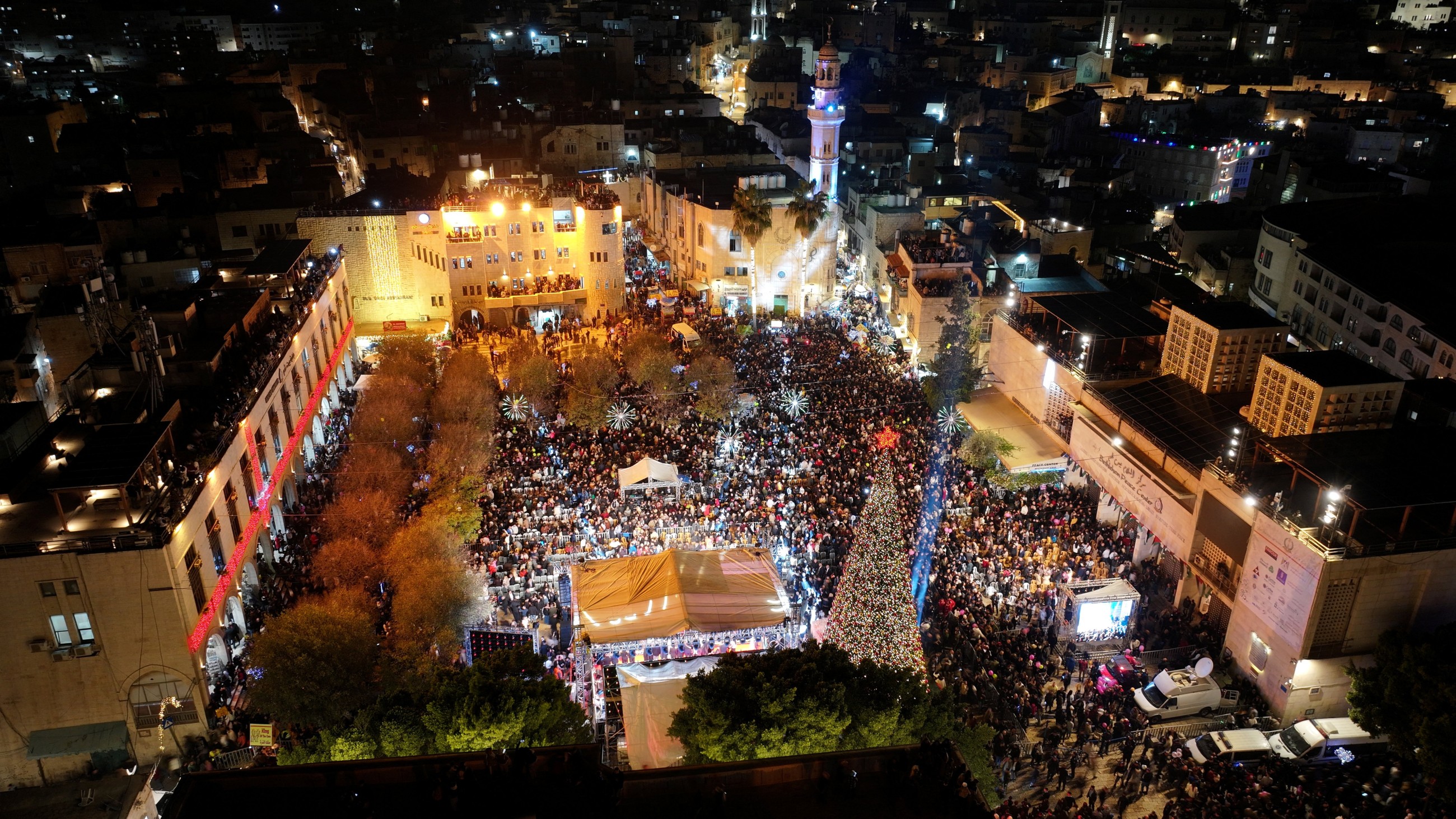 Bethlehem Christmas tree lit up for first time since Gaza war