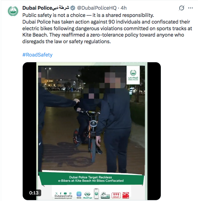 Dubai Police confiscate 90 electric bicycles after riders violate safety rules at Kite Beach
