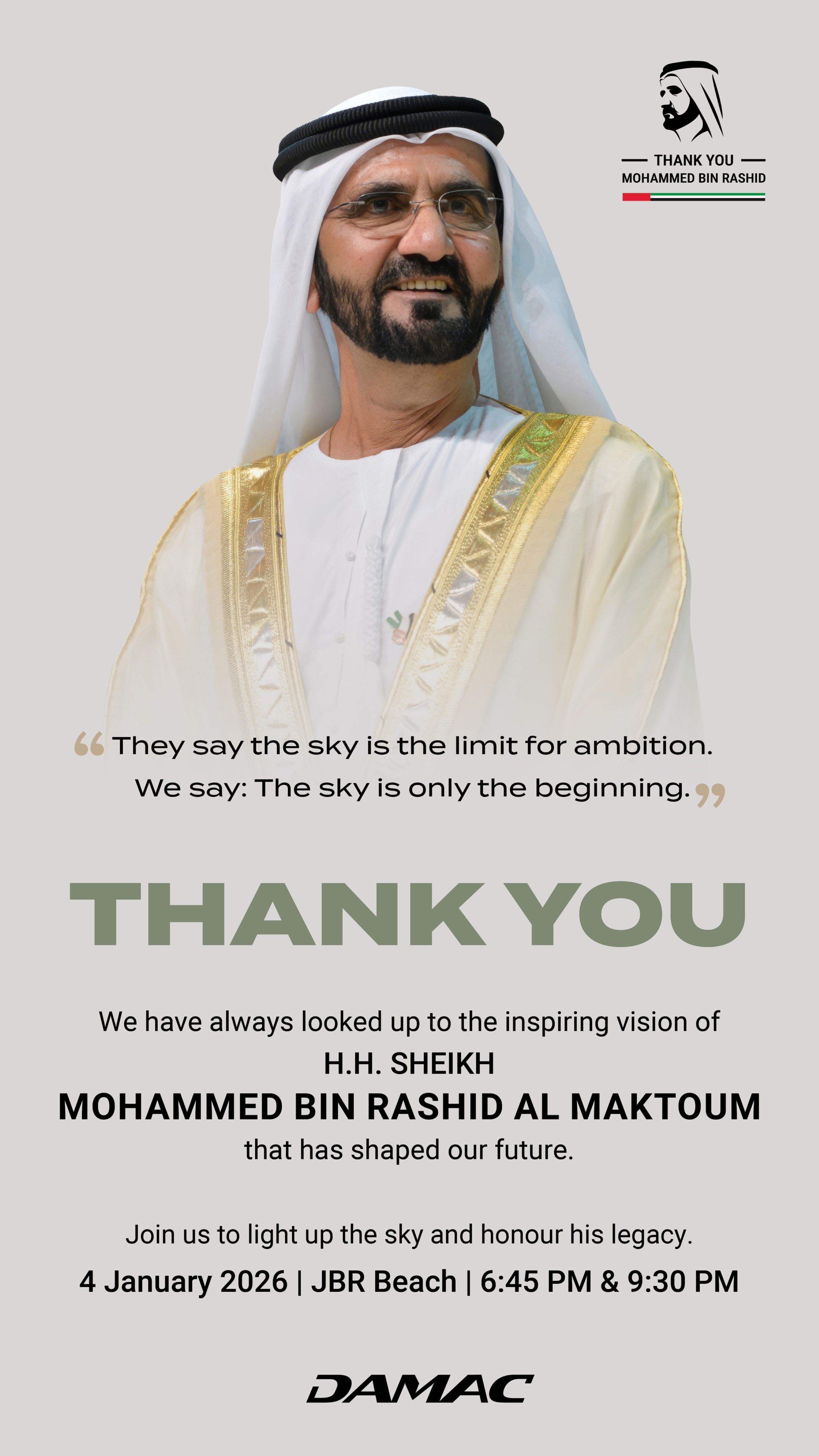 DAMAC celebrates 20th anniversary of Sheikh Mohammed&rsquo;s accession with city-wide tribute and spectacular drone shows