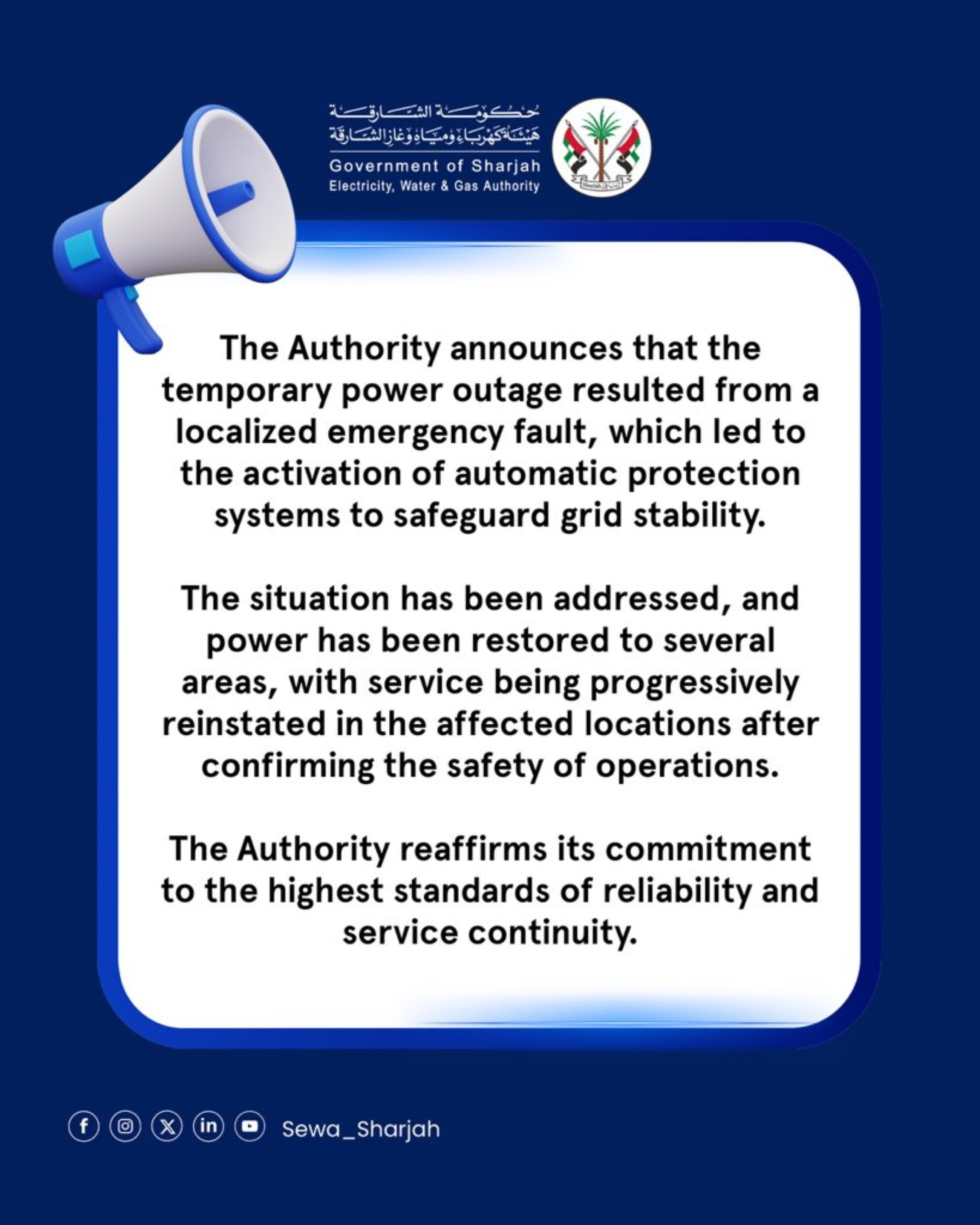 Authority restores electricity across Sharjah