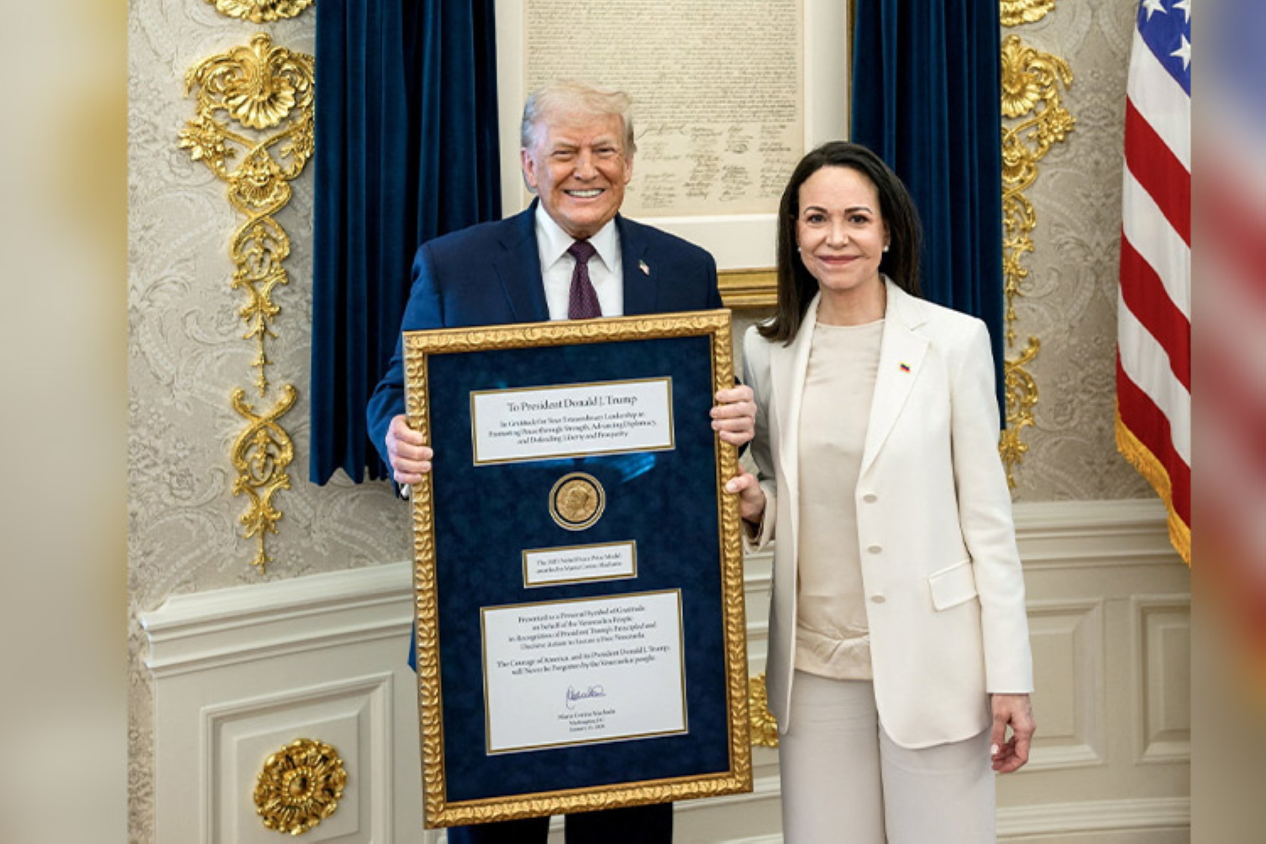 Trump accepts Nobel Peace Prize medal from Venezuelan Opposition leader Machado