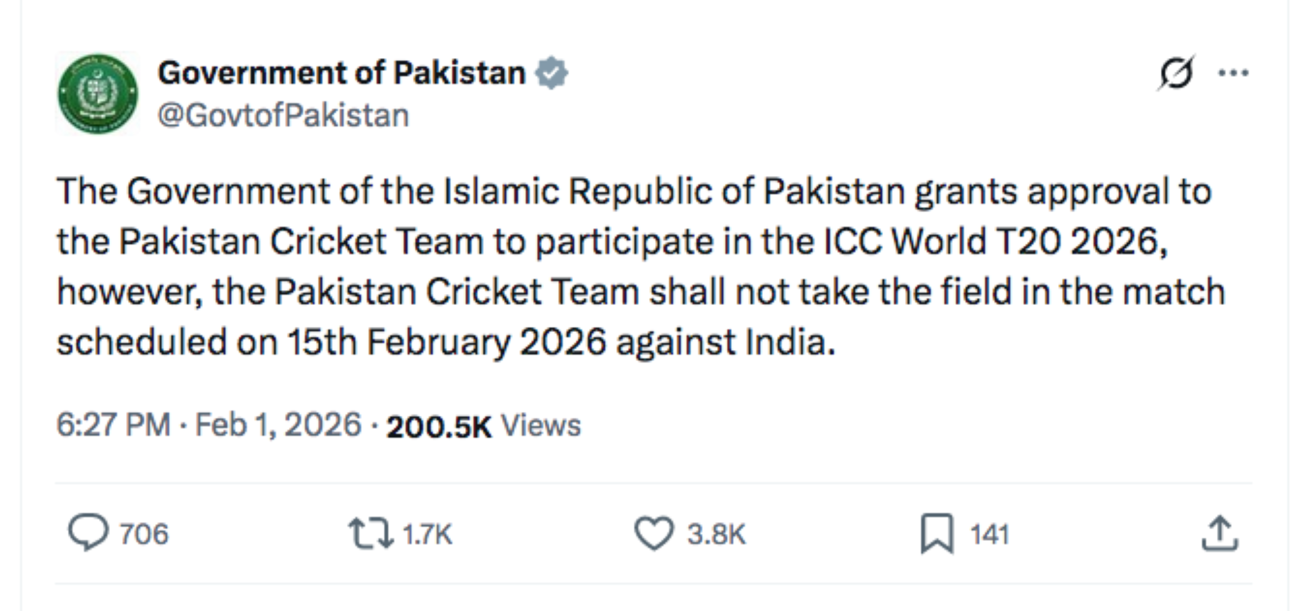 Pakistan cricket team cleared to play T20 World Cup but boycott India match on Feb.15