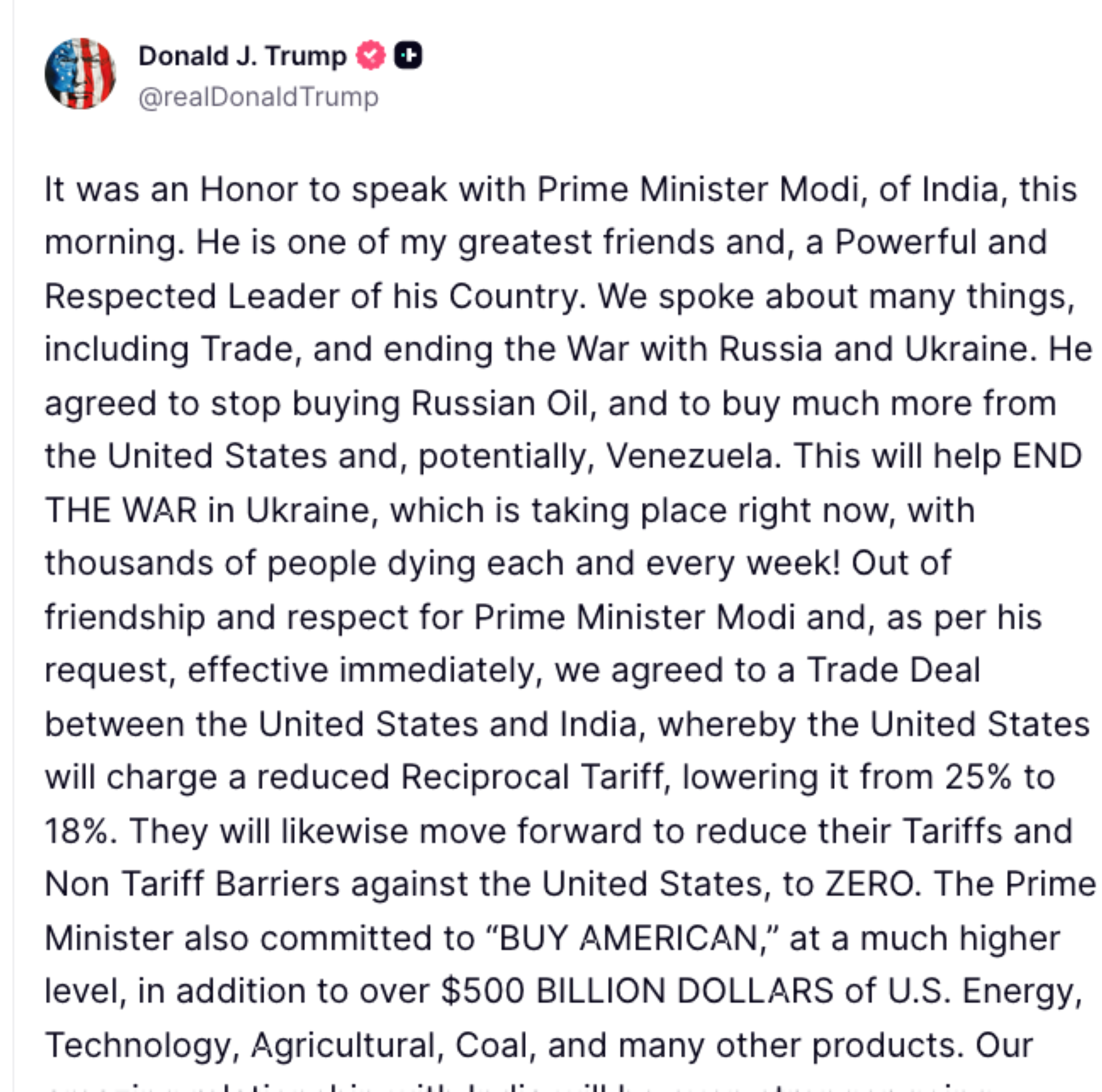 Trump announces 'trade deal' with India; Modi hails US &zwj;President's move