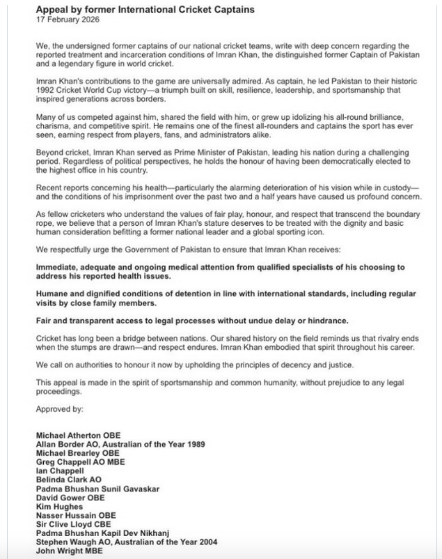 14 former captains, including India's greats Gavaskar and Kapil, issue humanitarian appeal for jailed Pakistan's ex-PM Imran