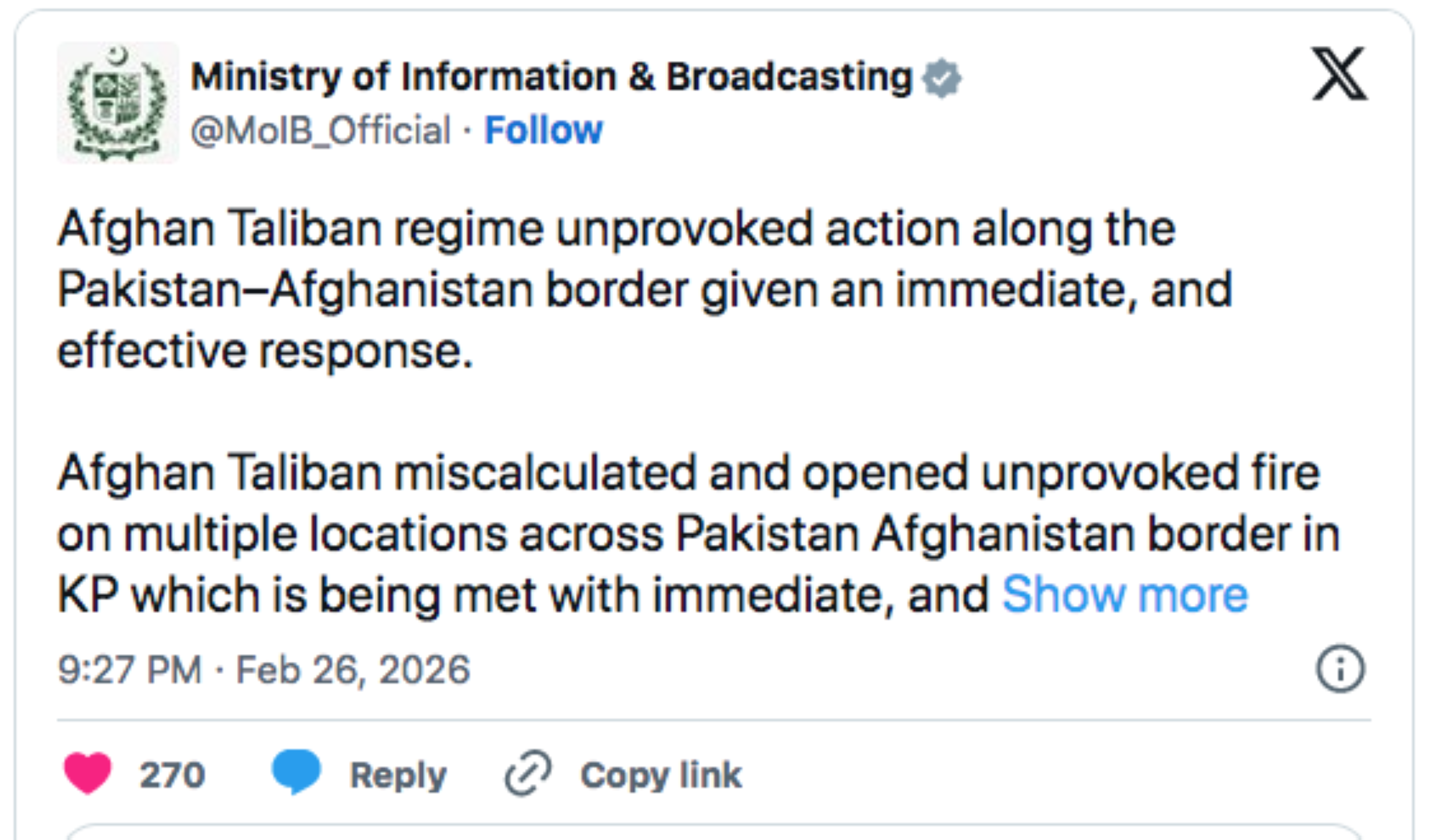 Pakistan takes 'immediate' action against 'unprovoked' Afghan strikes