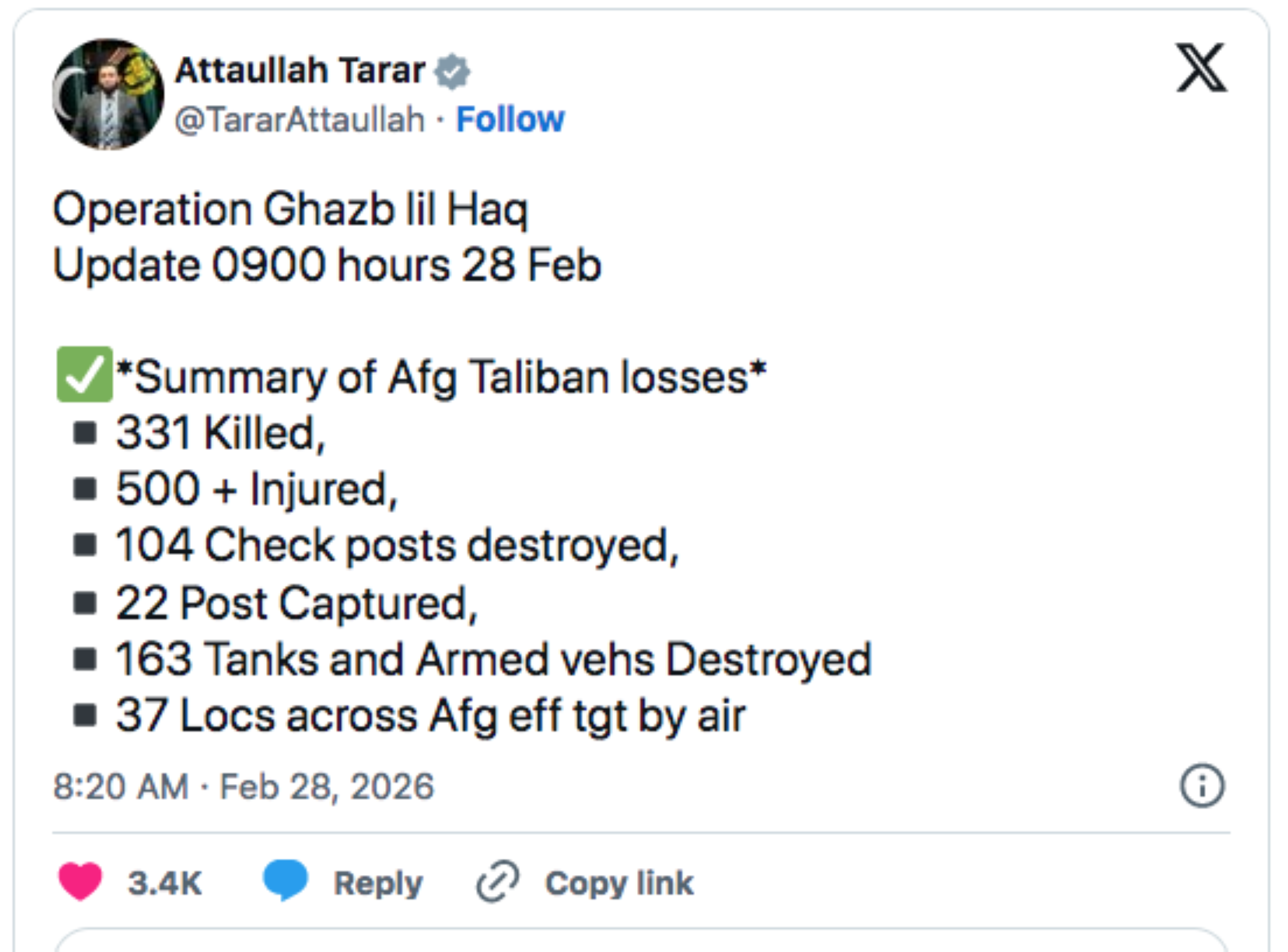 Pakistani minister says over 330 Afghan Taliban fighters killed in Operation Ghazab-lil-Haq