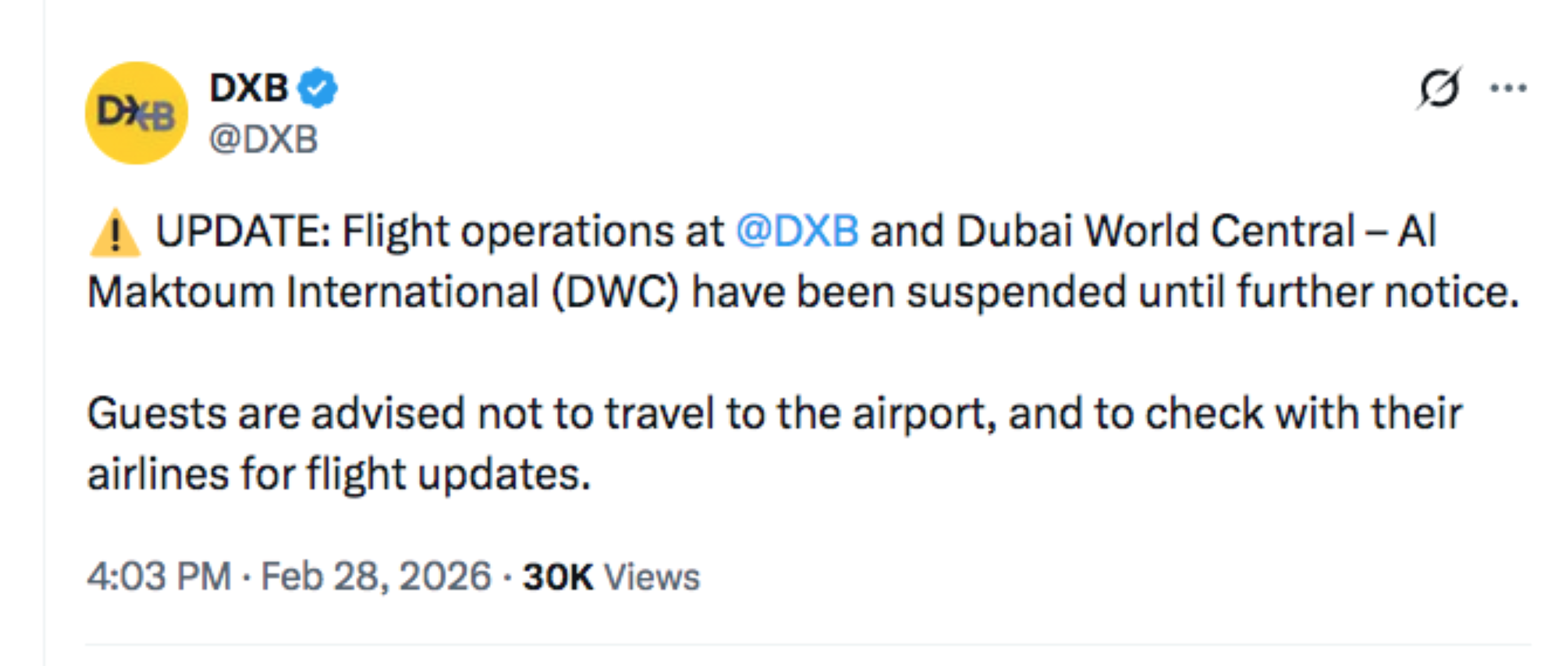 Dubai airports suspends all flights until further notice