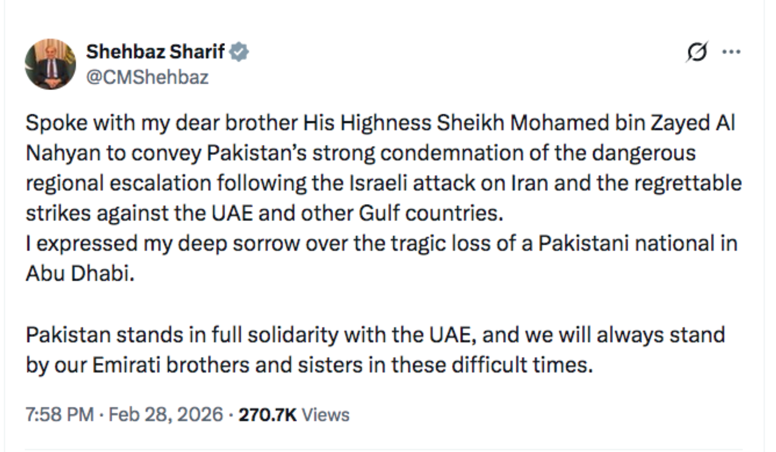During call with President Mohamed, Pakistan's PM slams attacks on UAE, offers full solidarity
