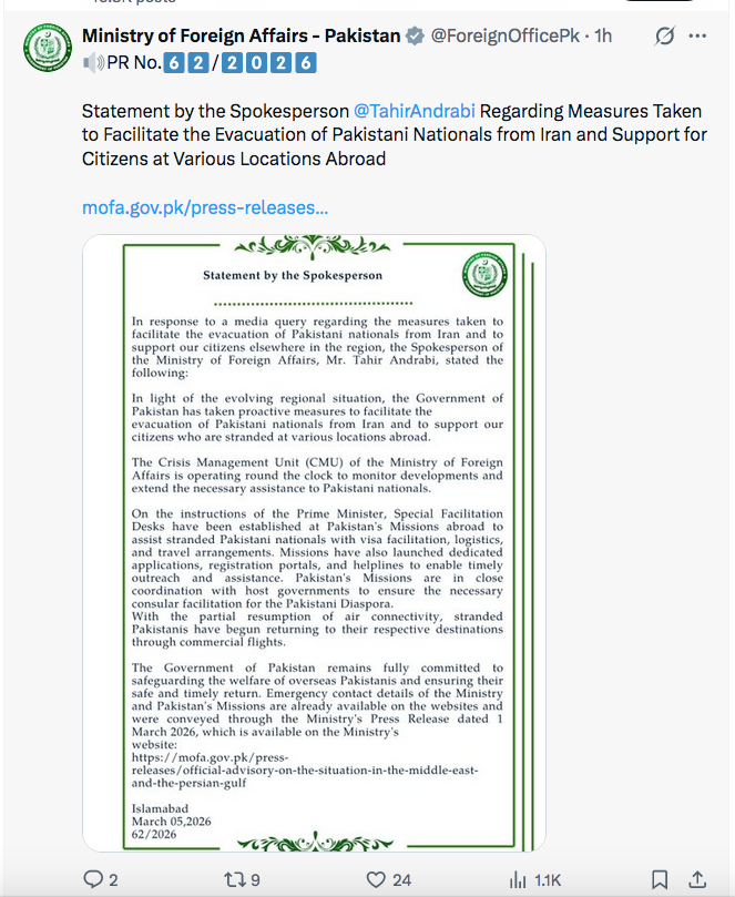 Pakistani embassies in Gulf asked to stay ready to assist citizens amid regional tensions