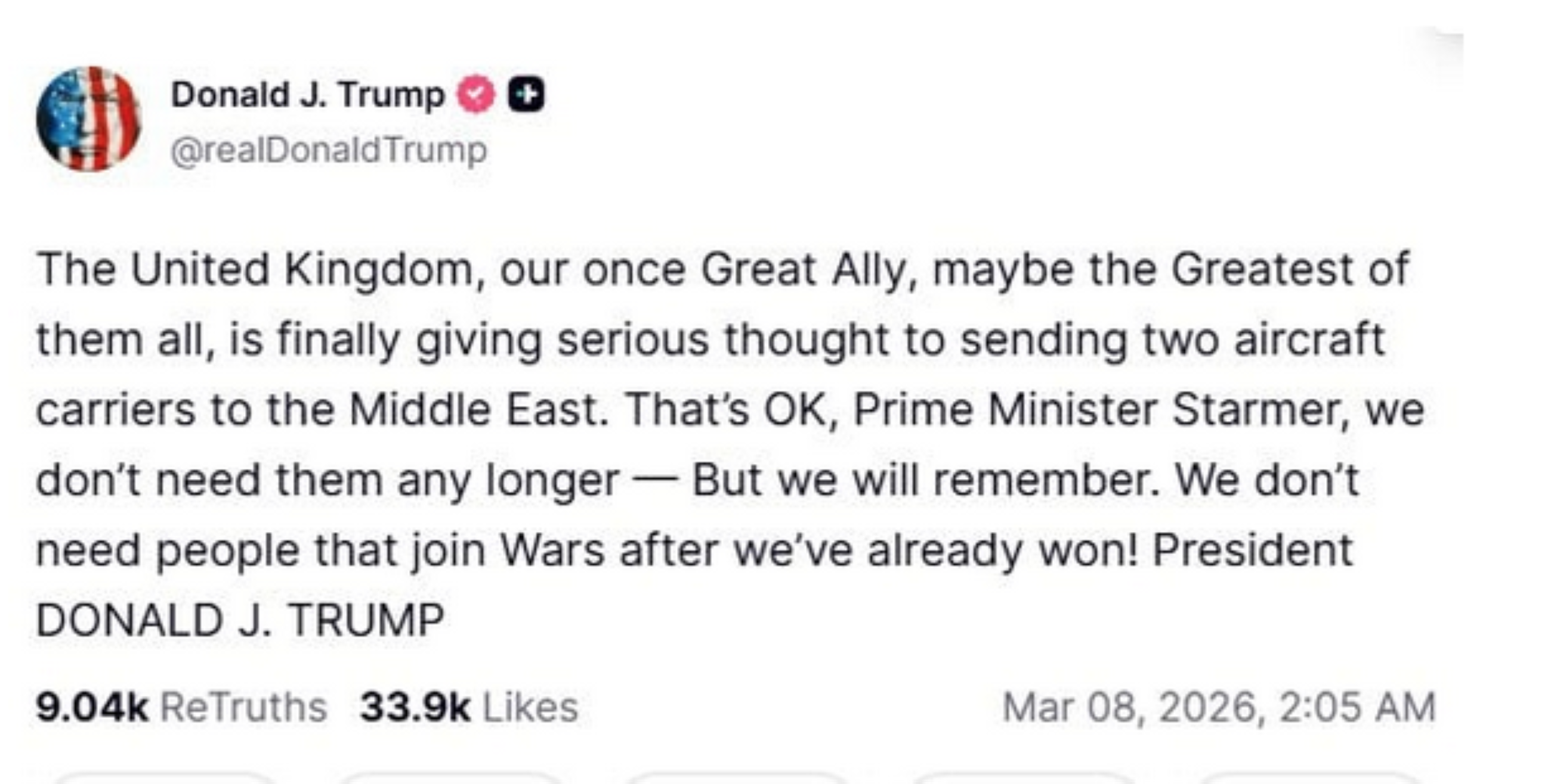 Trump tells Britain he does not need its help to win Iran war