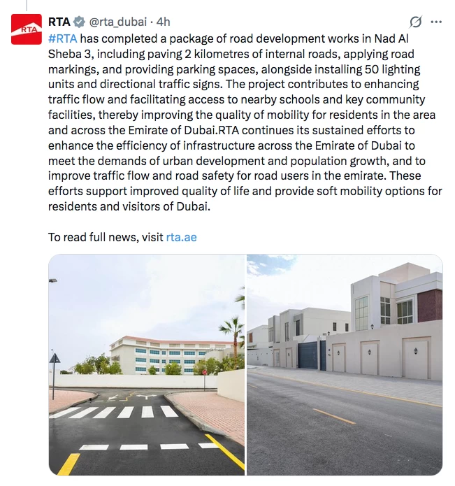 RTA completes road development works in Dubai's Nad Al Sheba 3 area