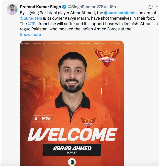 Indian-owned Sunrisers face backlash after signing Pakistan's Abrar Ahmed for Hundred