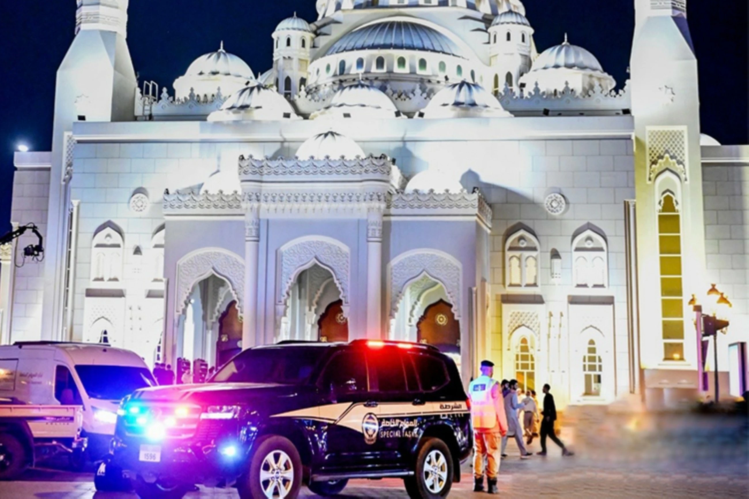 A Sharjah Police Special Tasks vehicle oversees security measures near Al Noor Mosque. 