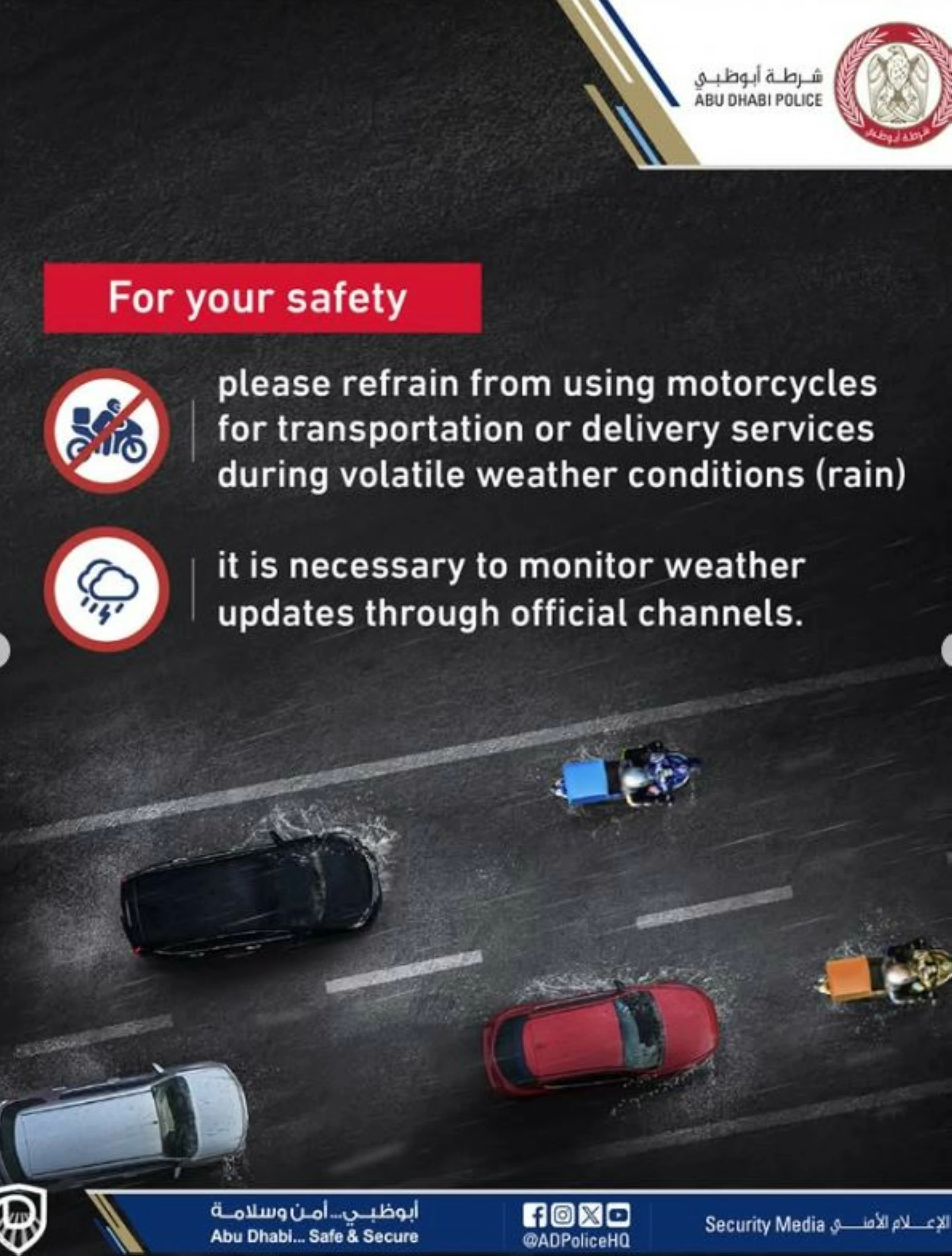 Abu Dhabi Police urge delivery motorcycle drivers to avoid driving in unstable weather conditions