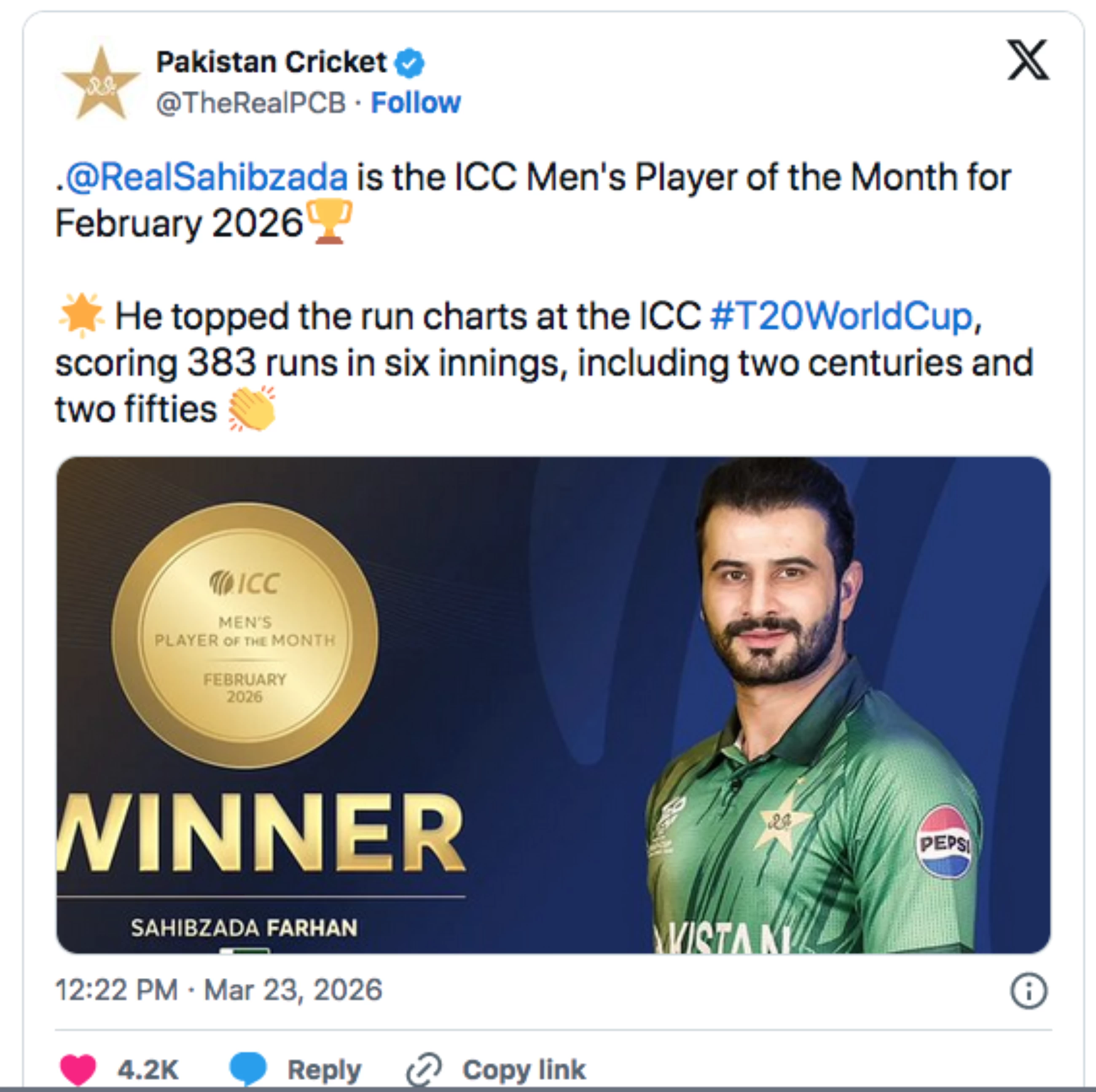 Pakistan opener batsman Farhan bags ICC Player of the Month award