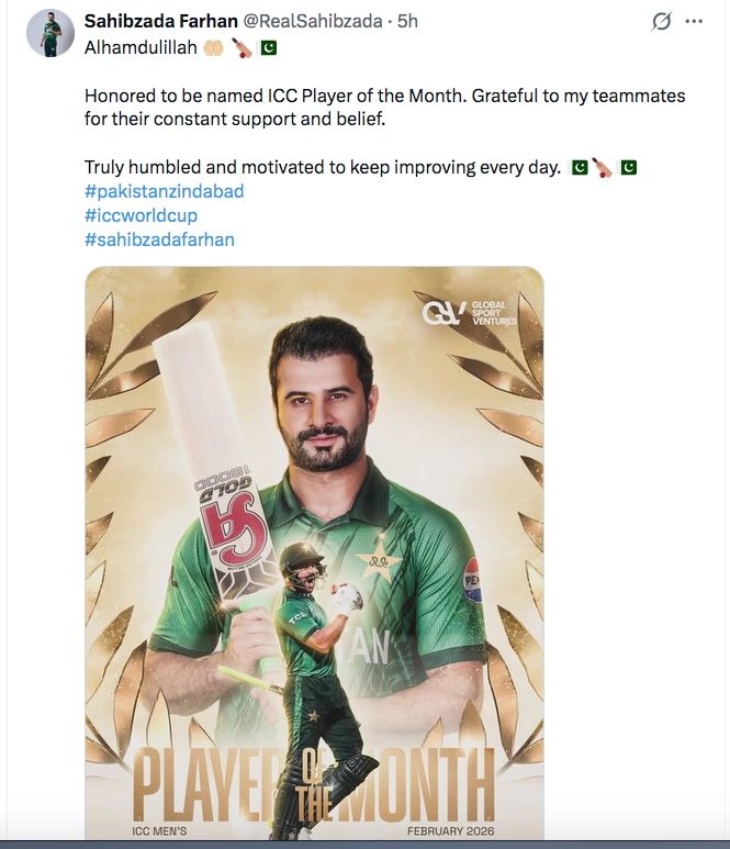 Pakistan opener batsman Farhan bags ICC Player of the Month award