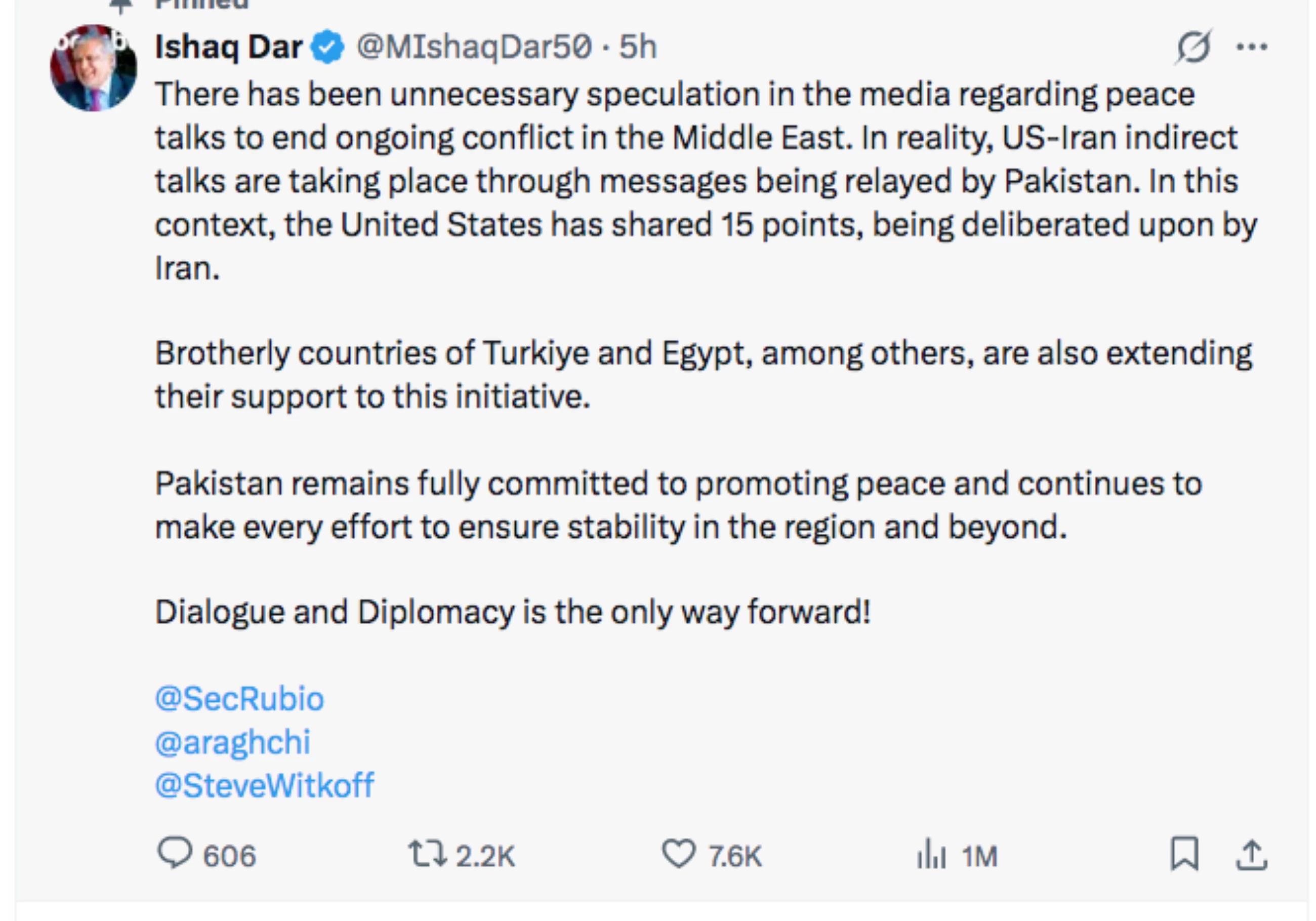 Pakistan relaying messages in US-Iran indirect peace talks, says foreign minister