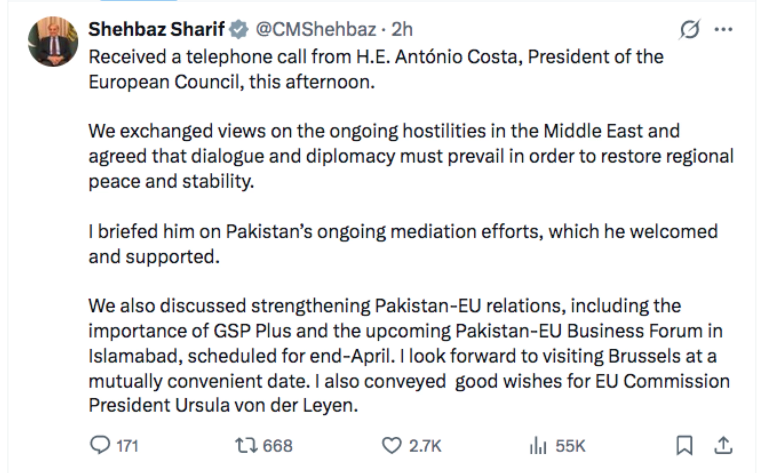 Pakistan PM, European Council President discuss Iran situation