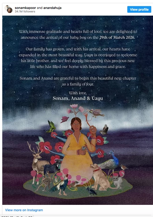 Bollywood star Sonam Kapoor welcomes her second son in heartfelt social media post