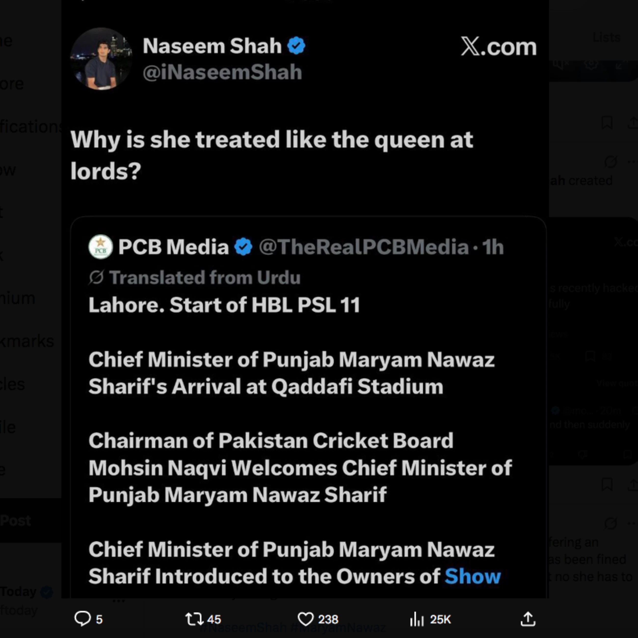 PCB fines fast bowler Naseem Rs20m for criticising Punjab CM Maryam's presence at PSL