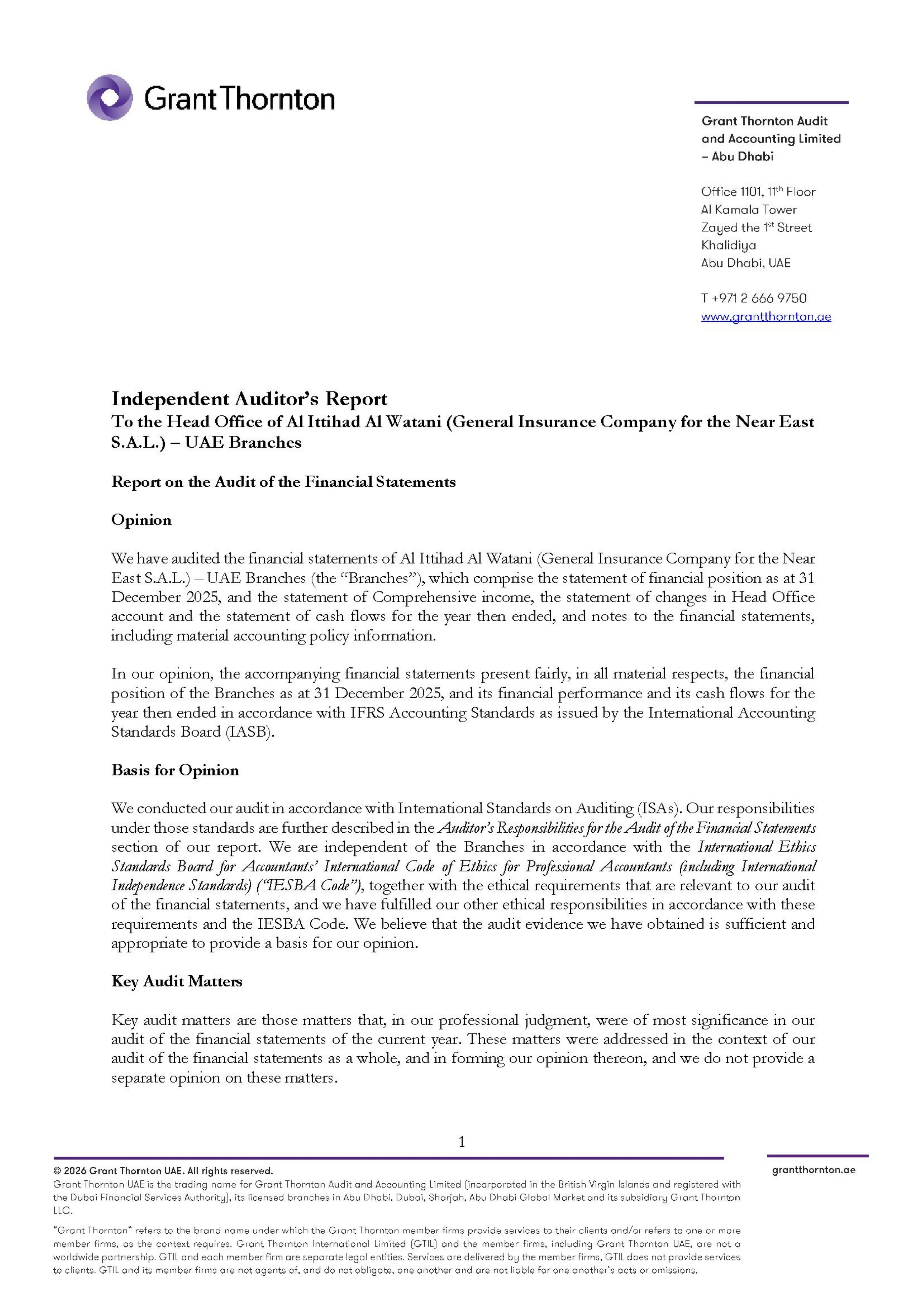 Independent auditor&rsquo;s Report to the Head Office of Al Ittihad (General Insurance Company for the Near East S.A.L) &mdash; UAE Branches  