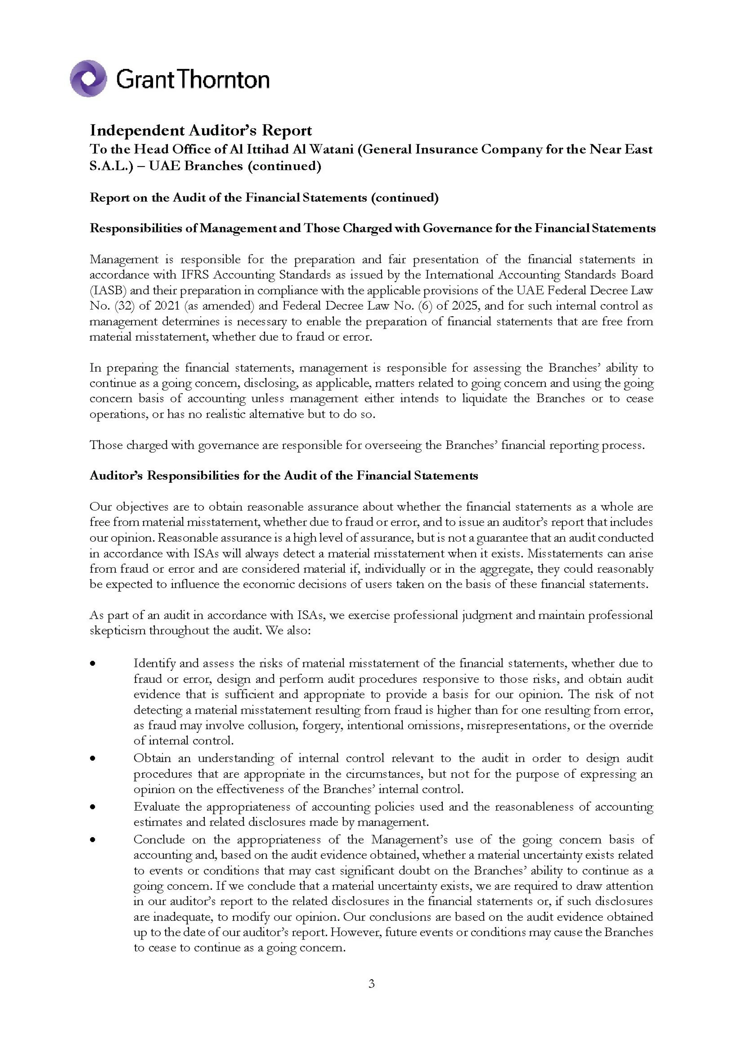 Independent auditor&rsquo;s Report to the Head Office of Al Ittihad (General Insurance Company for the Near East S.A.L) &mdash; UAE Branches  