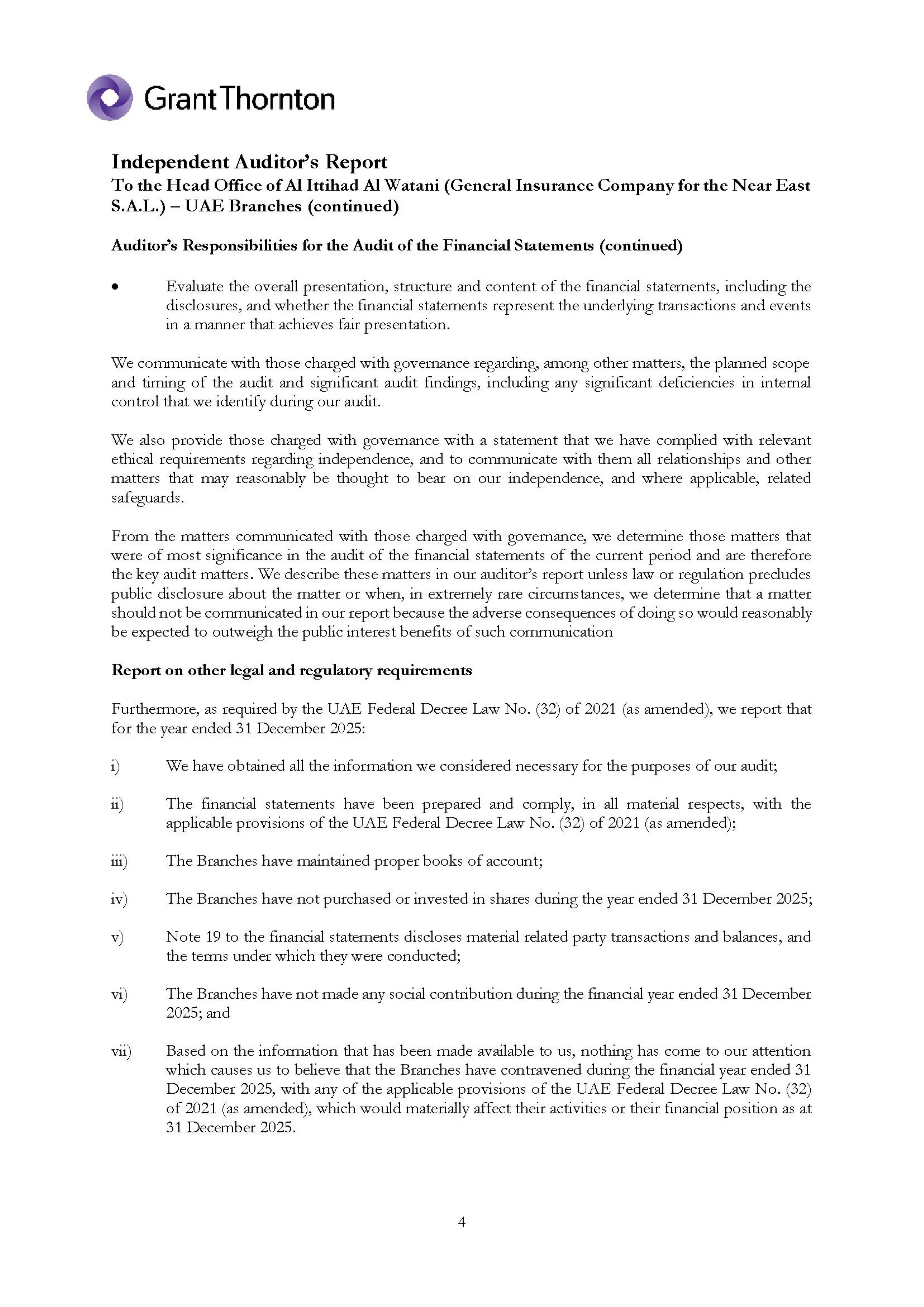 Independent auditor&rsquo;s Report to the Head Office of Al Ittihad (General Insurance Company for the Near East S.A.L) &mdash; UAE Branches  