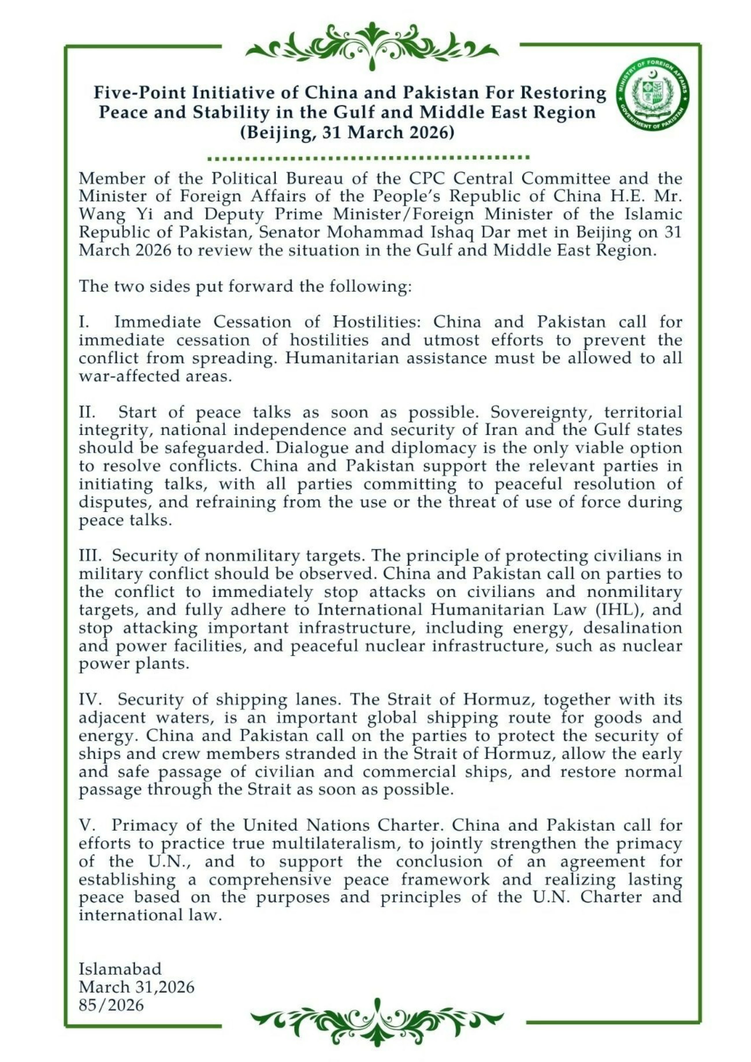 Pakistan, China outline 5-point plan to end war in Middle East