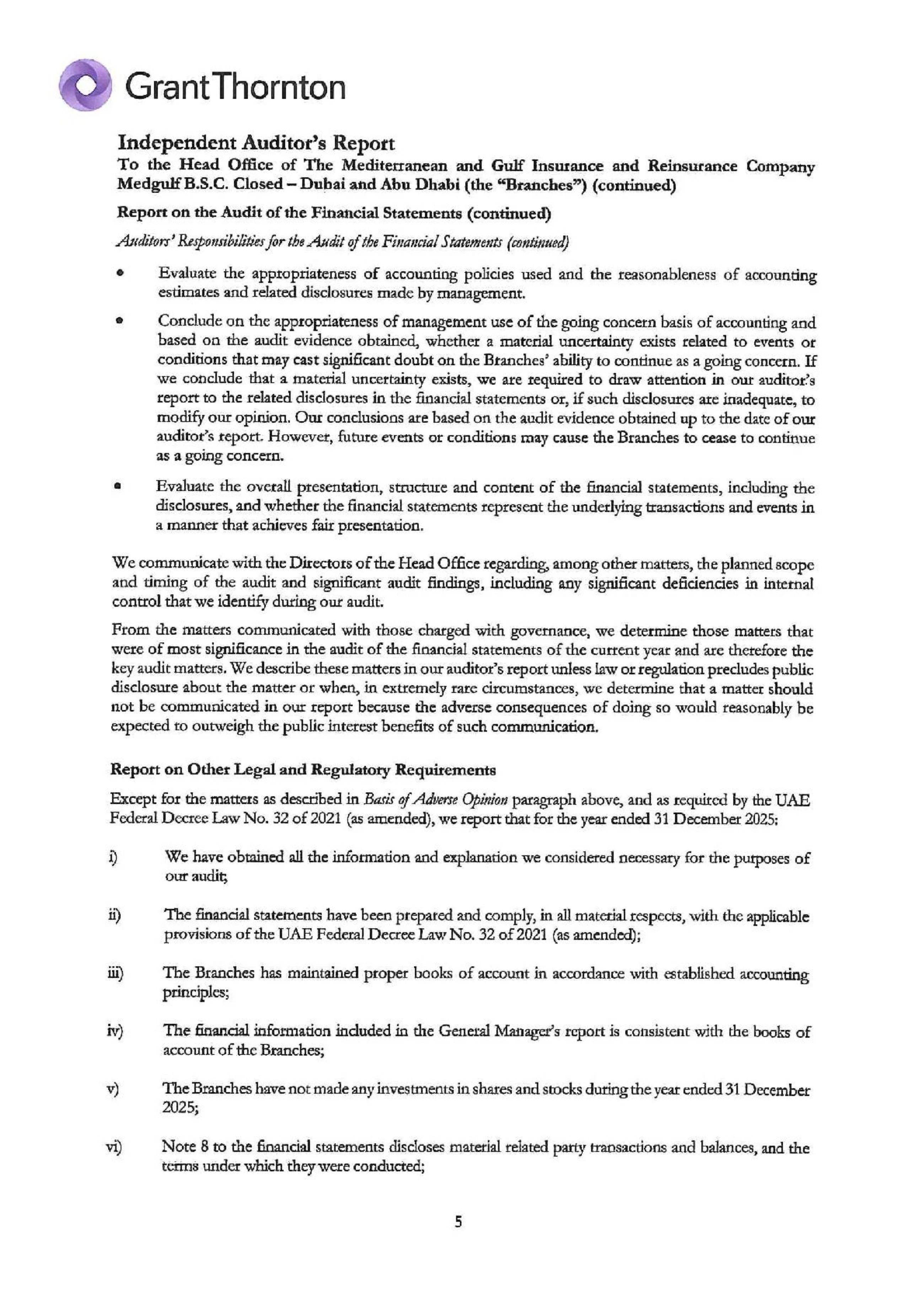 The Mediterranean and Gulf Insurance and Reinsurance Company Medgulf B.S.C closed Dubai and Abu Dhabi (&ldquo;The Branches&rdquo;)