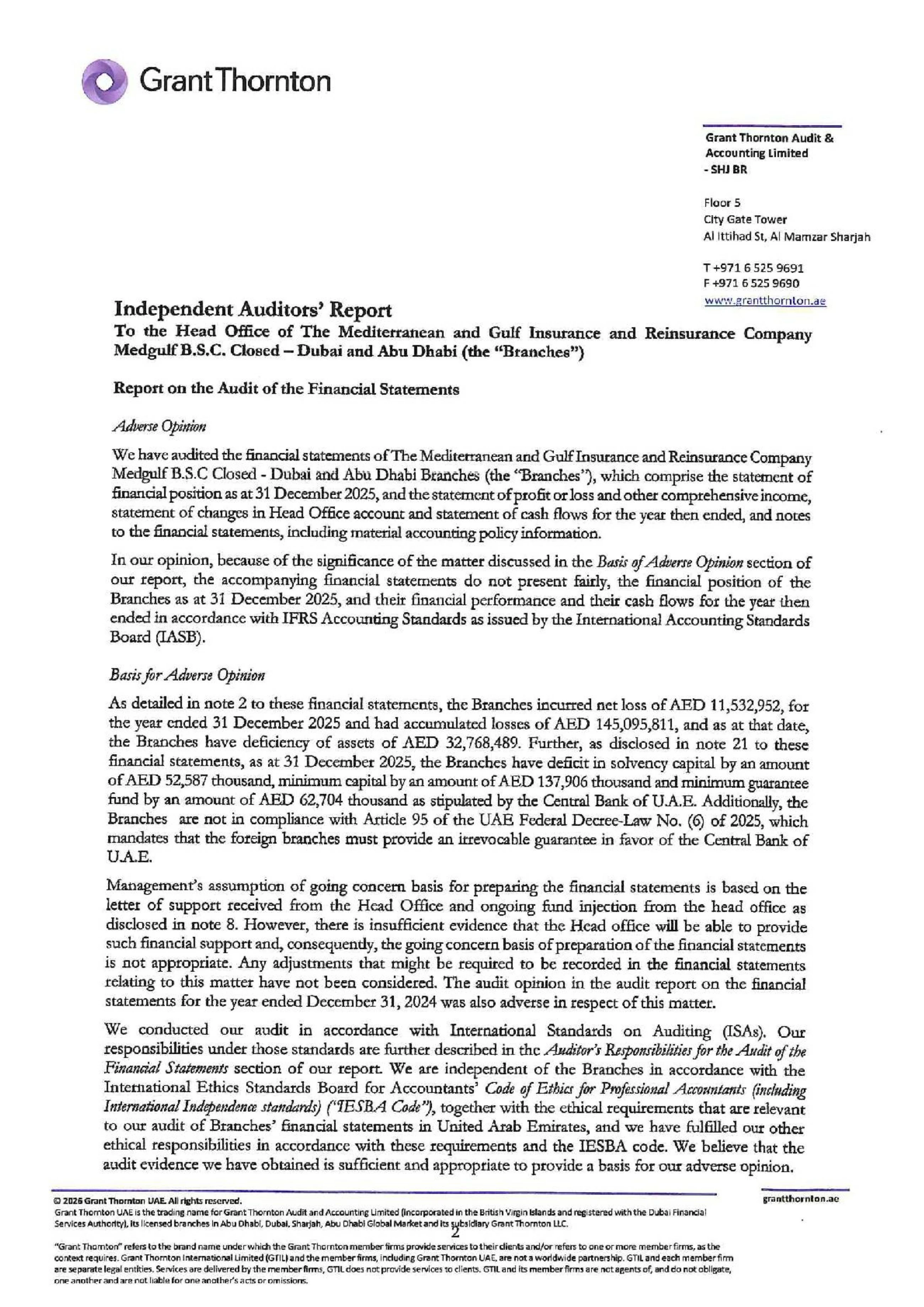 The Mediterranean and Gulf Insurance and Reinsurance Company Medgulf B.S.C closed Dubai and Abu Dhabi (&ldquo;The Branches&rdquo;)