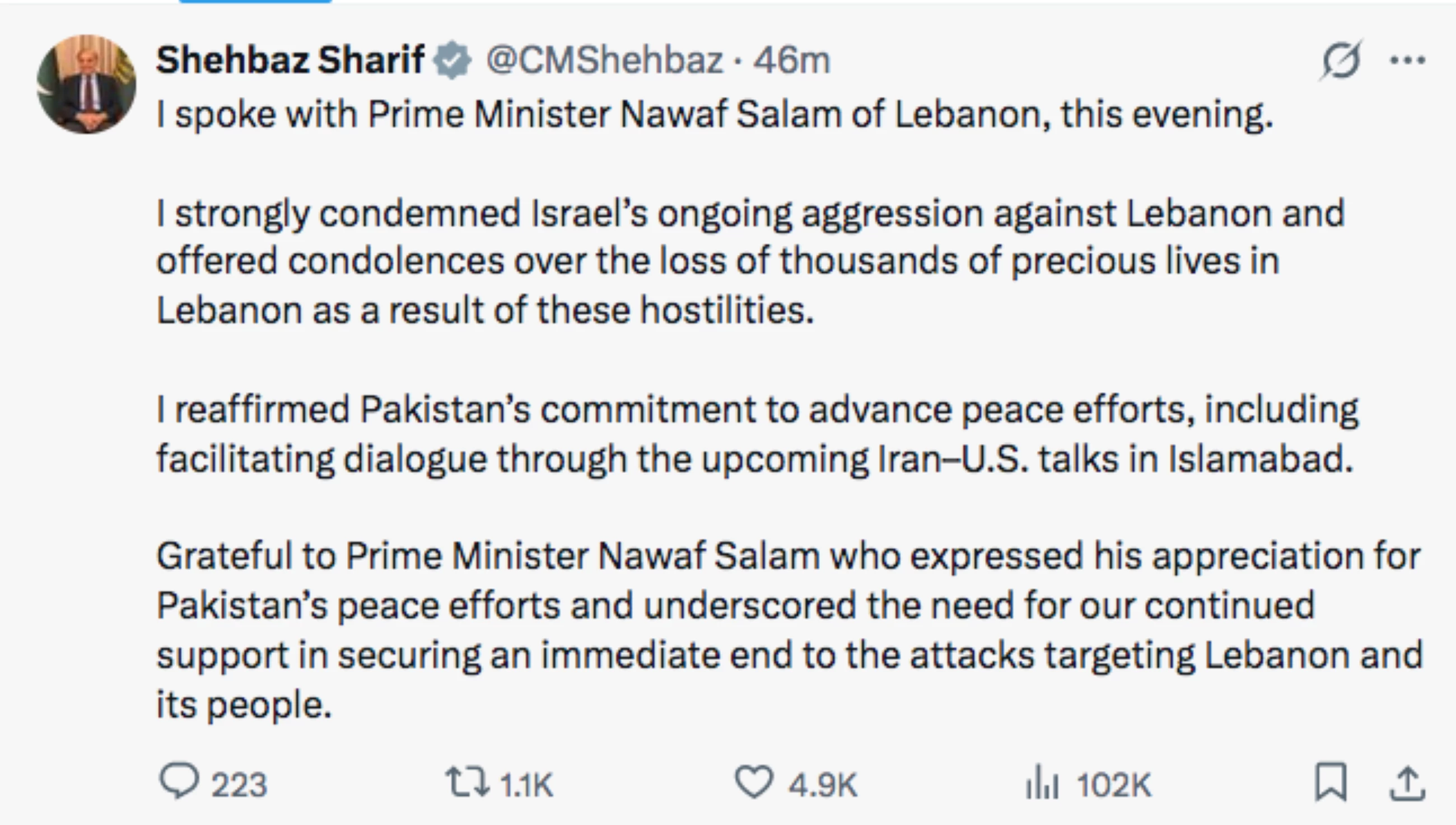 Pakistan's PM slams Israel's 'aggression' against Lebanon