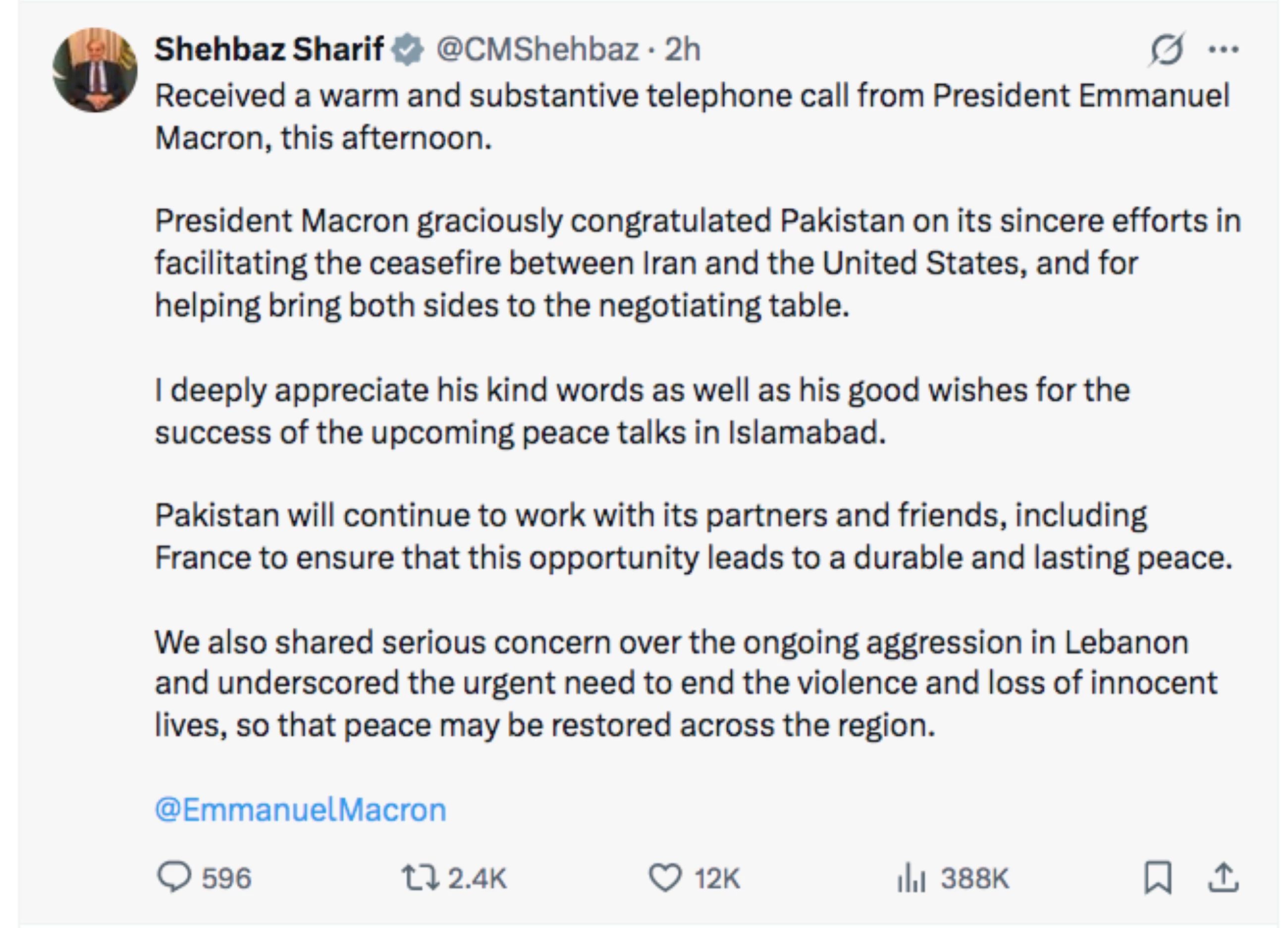 Pakistan's PM slams Israel's 'aggression' against Lebanon