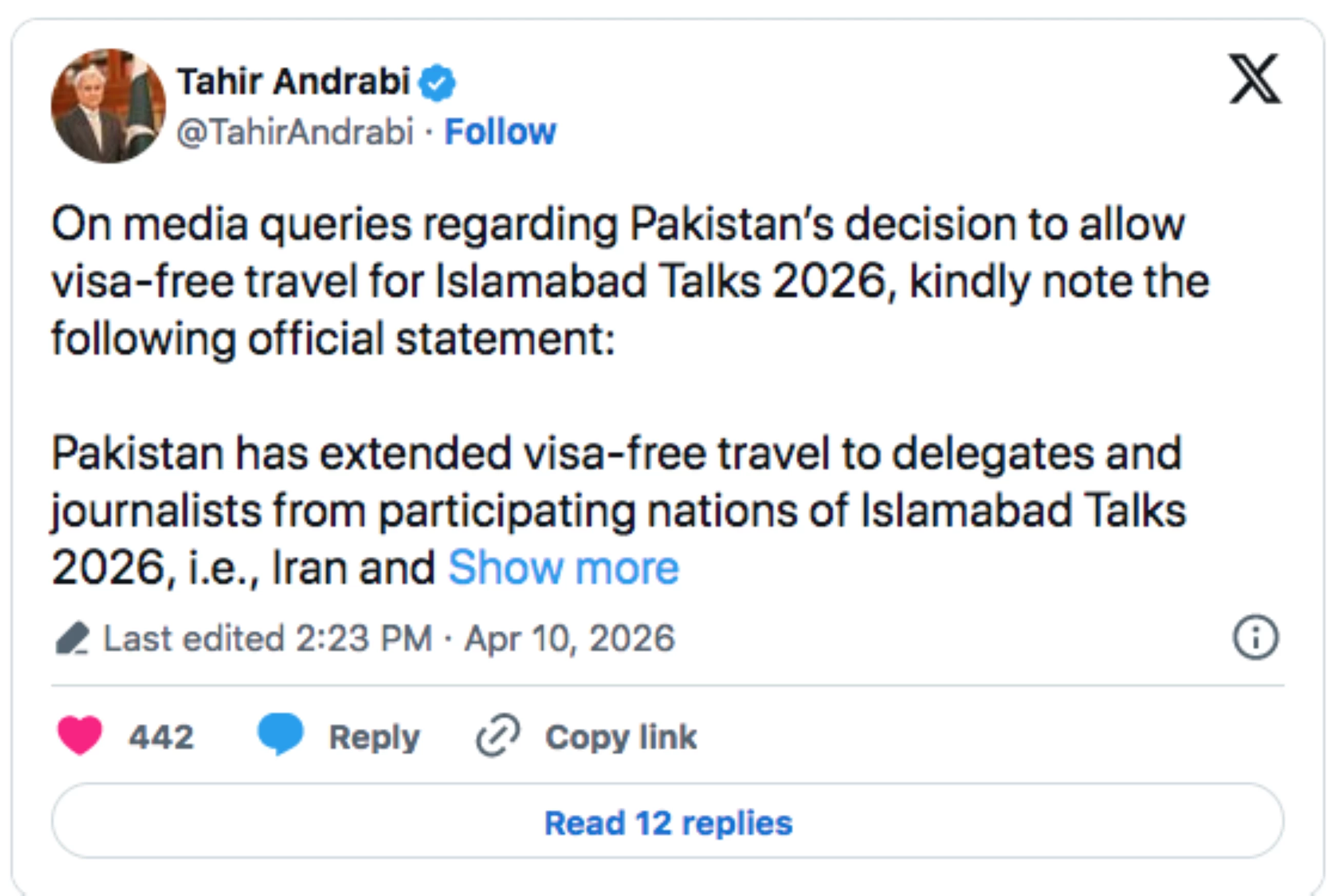 Pakistan to issue visa on arrival for 'Islamabad Talks' delegates