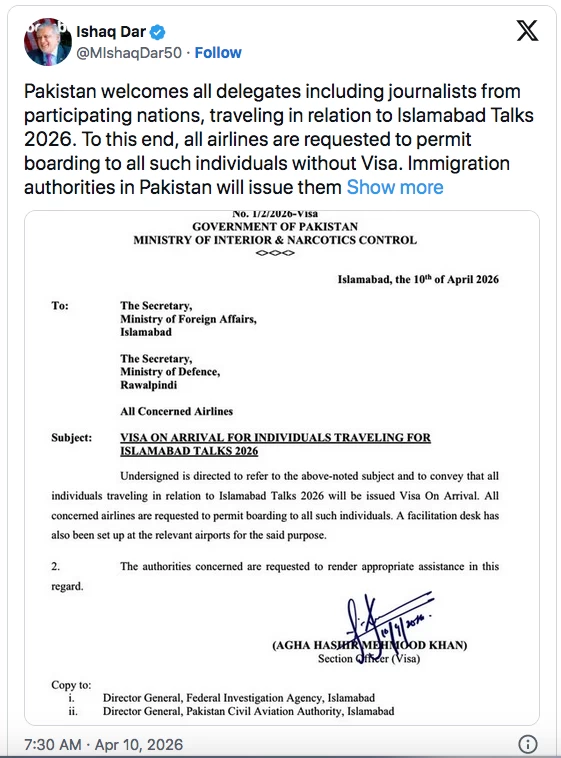 Pakistan to issue visa on arrival for 'Islamabad Talks' delegates