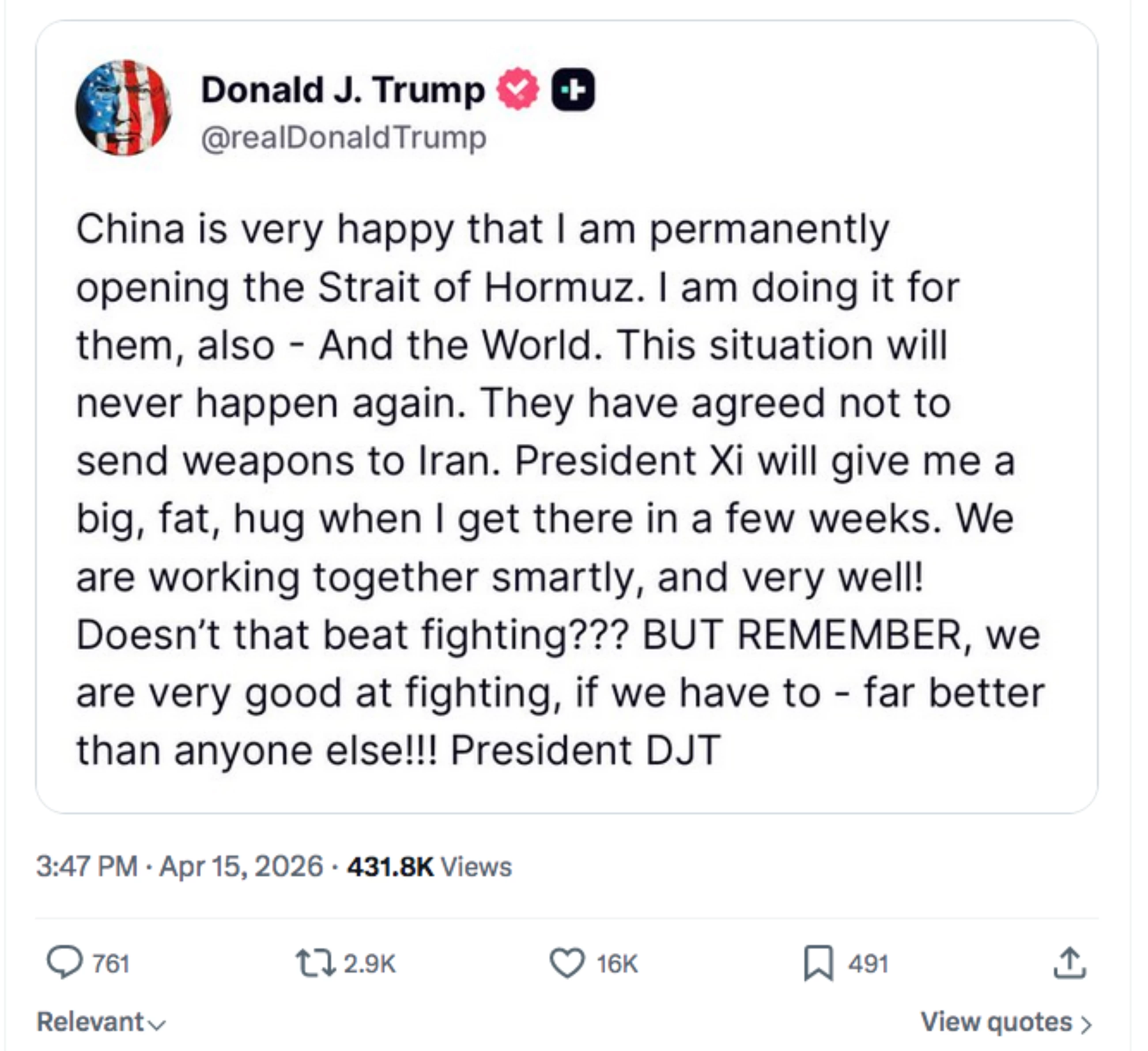 China agreed not to send weapons to Iran, claims Trump