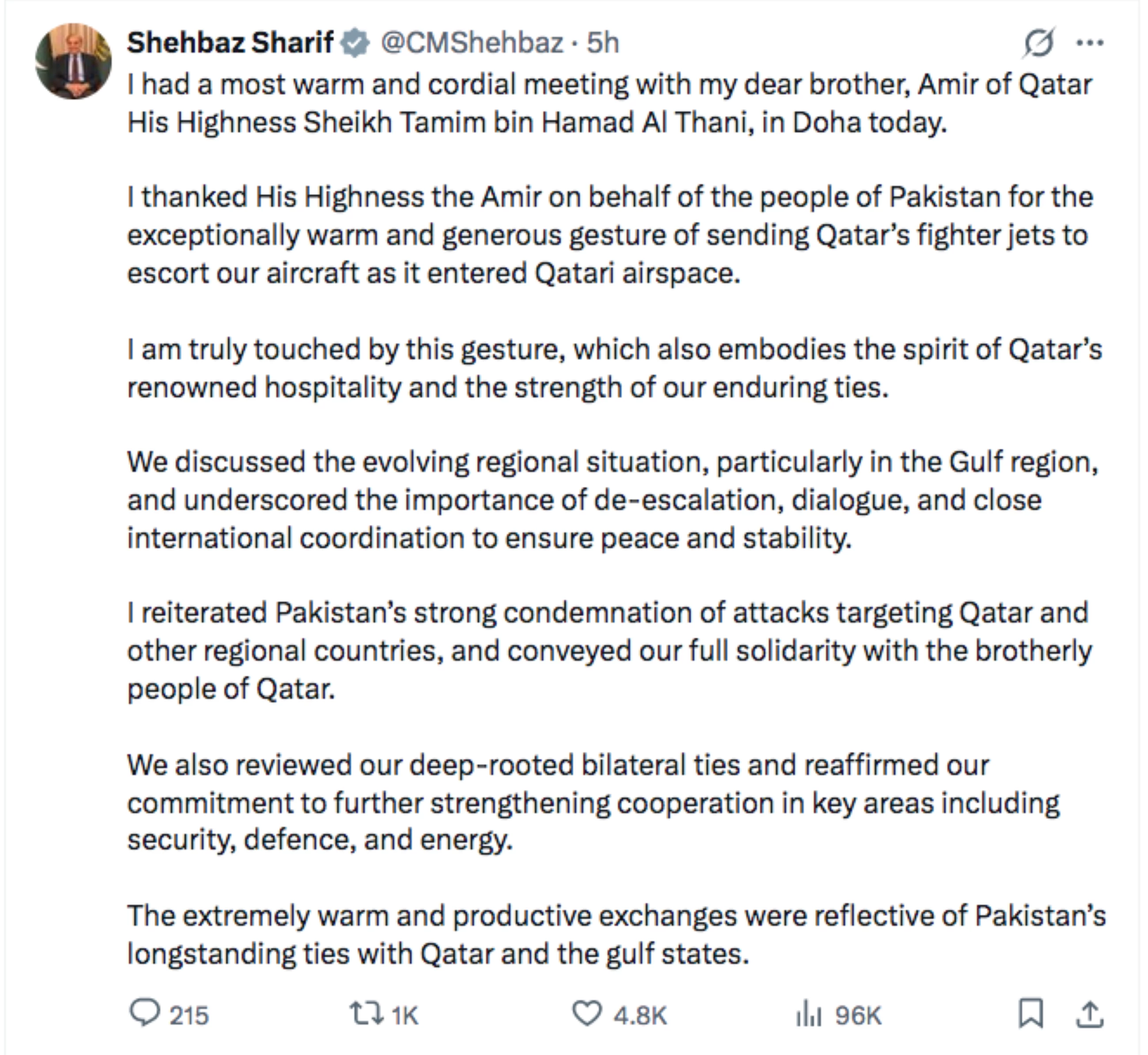 Pakistan PM, Qatar emir discuss regional issues amid US-Iran talks push