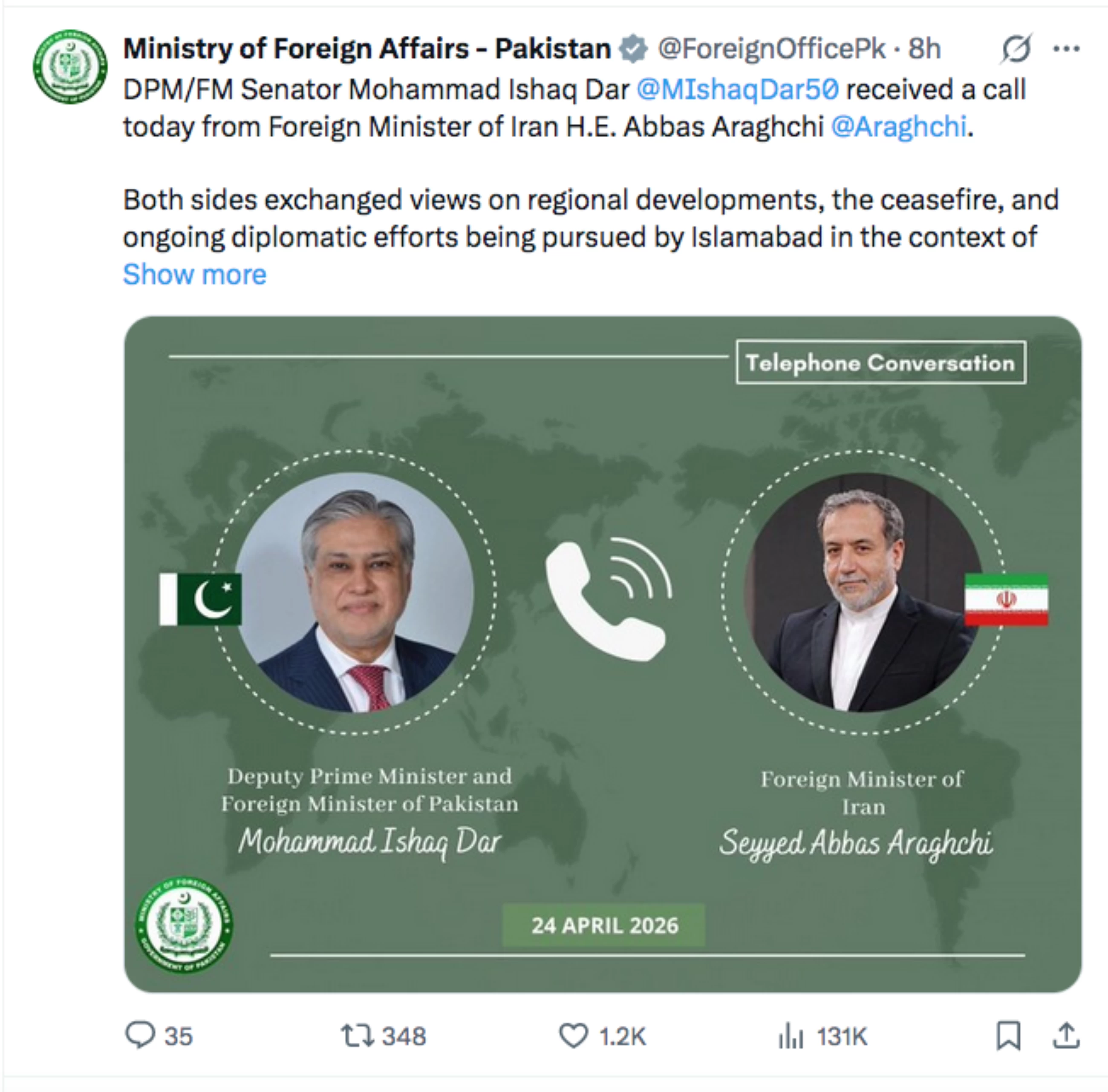 Iran’s FM Araghchi arrives in Islamabad for talks on ceasefire with US