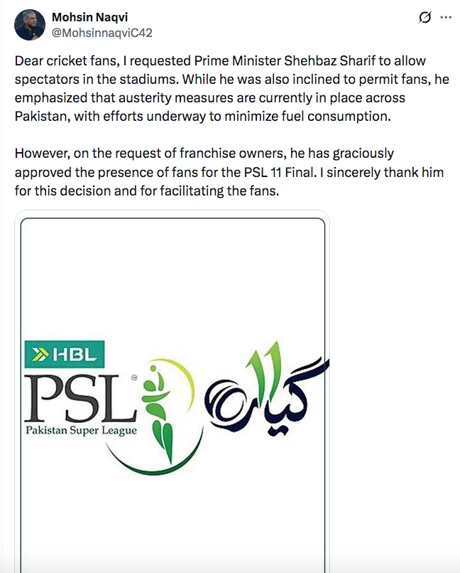 Pakistan's PM approves spectators' attendance for PSL final: PCB chief