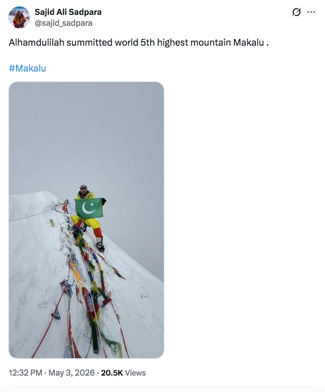Pakistani mountaineer Sajid Sadpara summits world's fifth-highest peak without oxygen