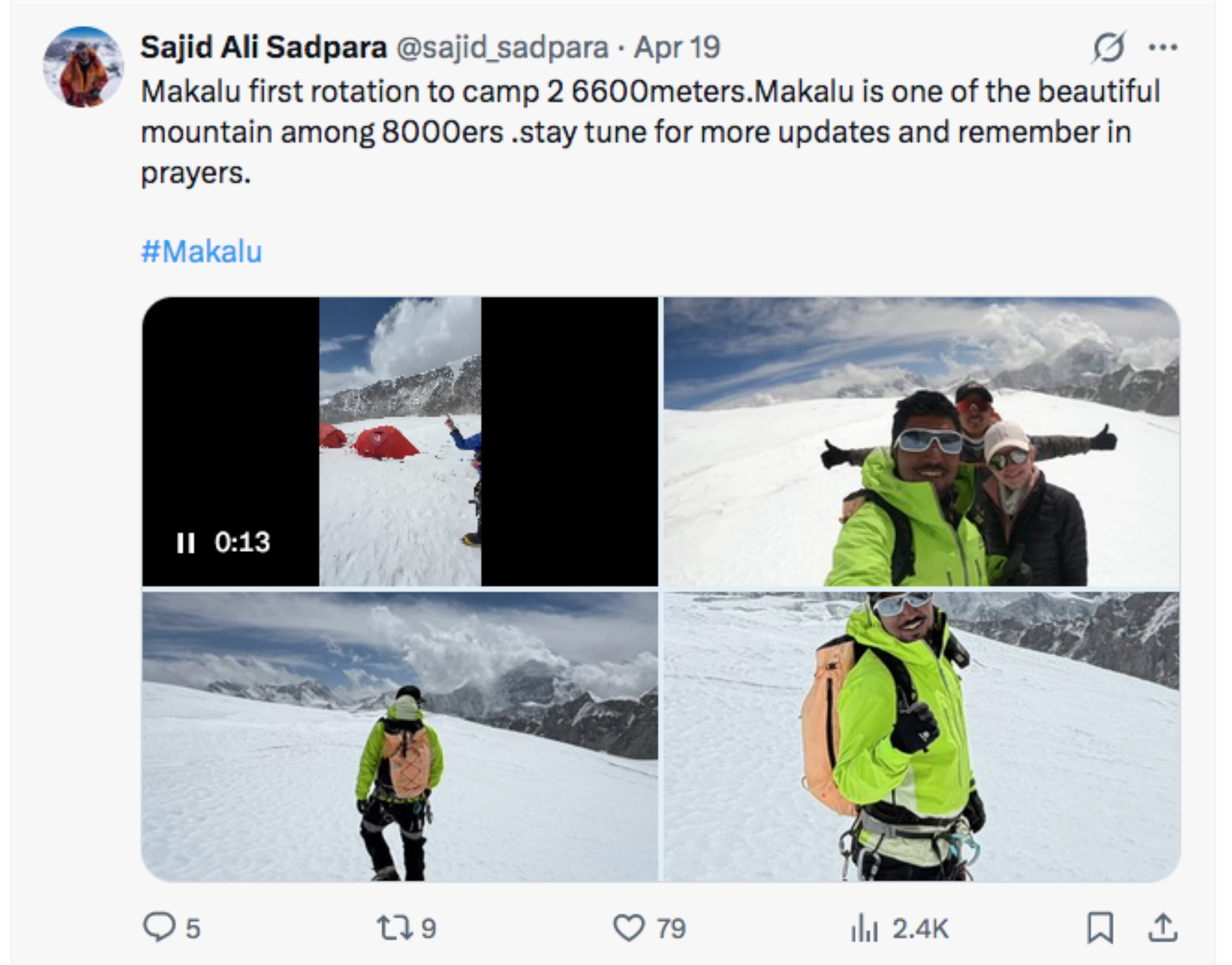 Pakistani mountaineer Sajid Sadpara summits world's fifth-highest peak without oxygen