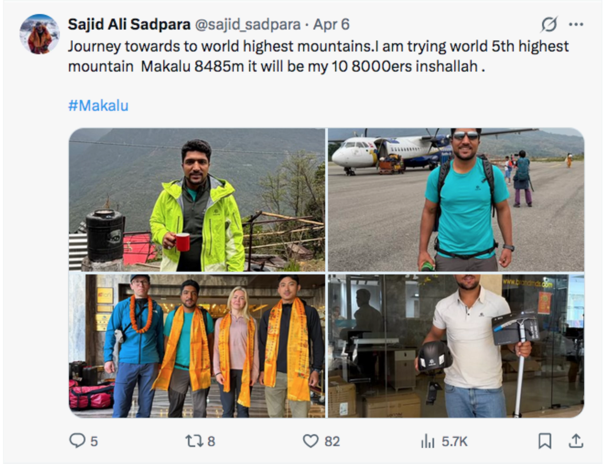 Pakistani mountaineer Sajid Sadpara summits world's fifth-highest peak without oxygen