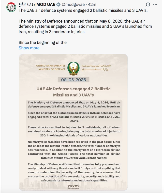 UAE air defences intercept 2 ballistic missiles, three drones; 3 injured