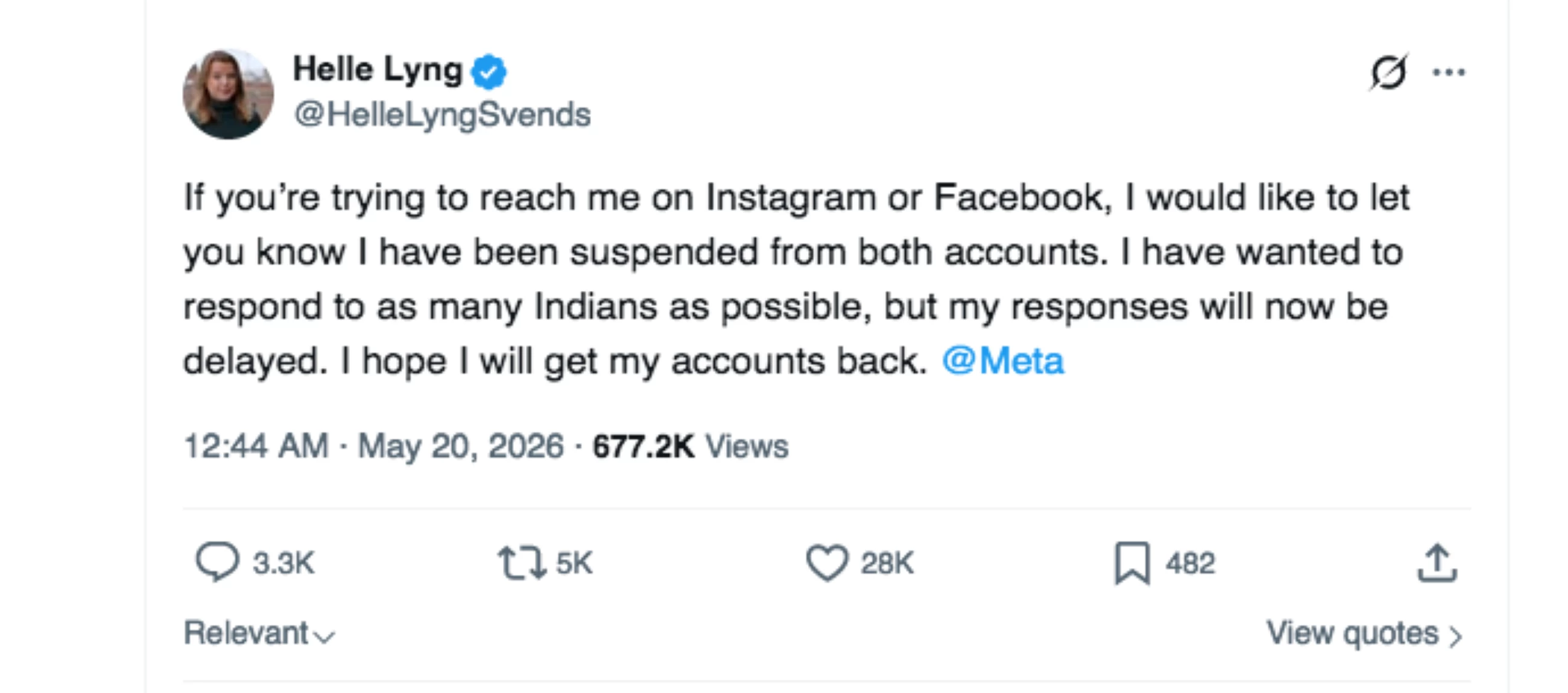 Norwegian journalist Helle Lyng says Instagram, Facebook accounts suspended after Modi row
