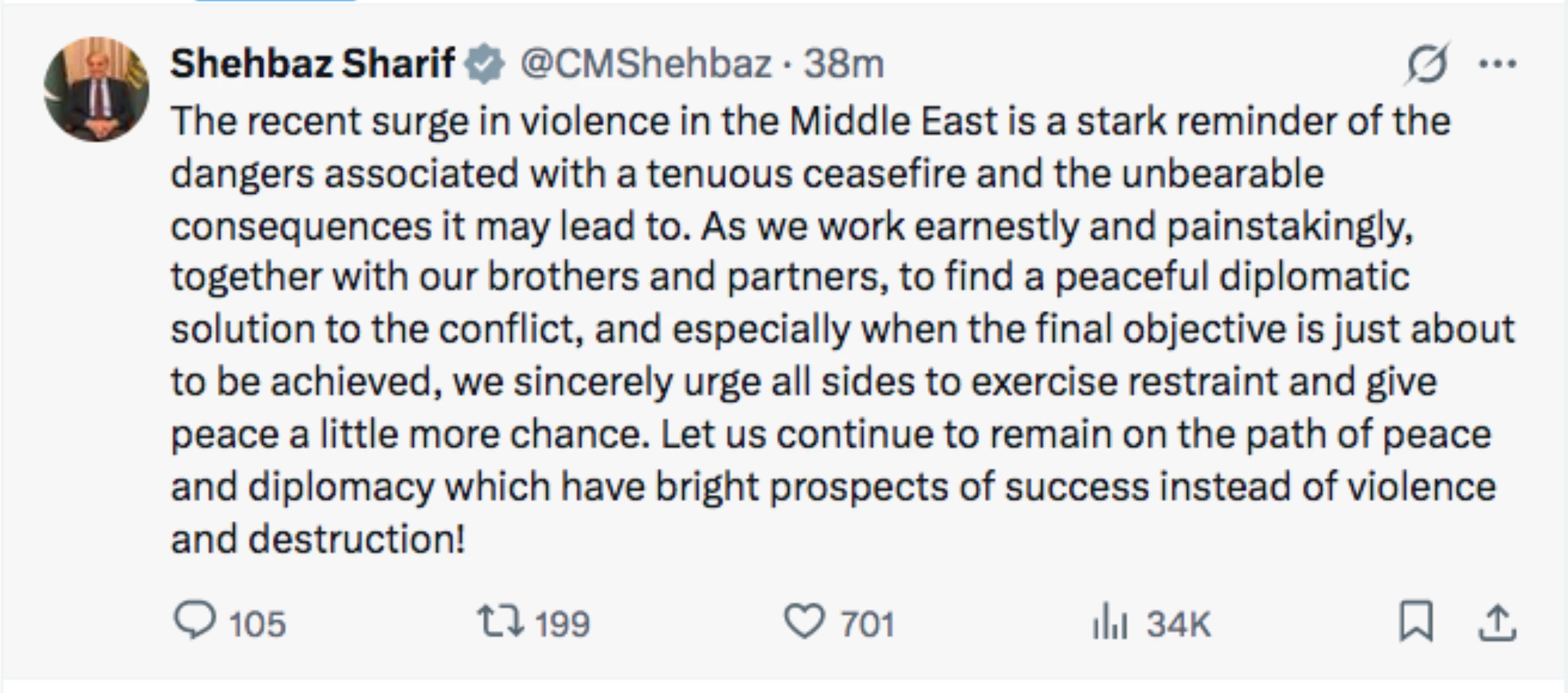 Pakistan's PM urges all sides in Middle East to exercise restraint, give peace more chance